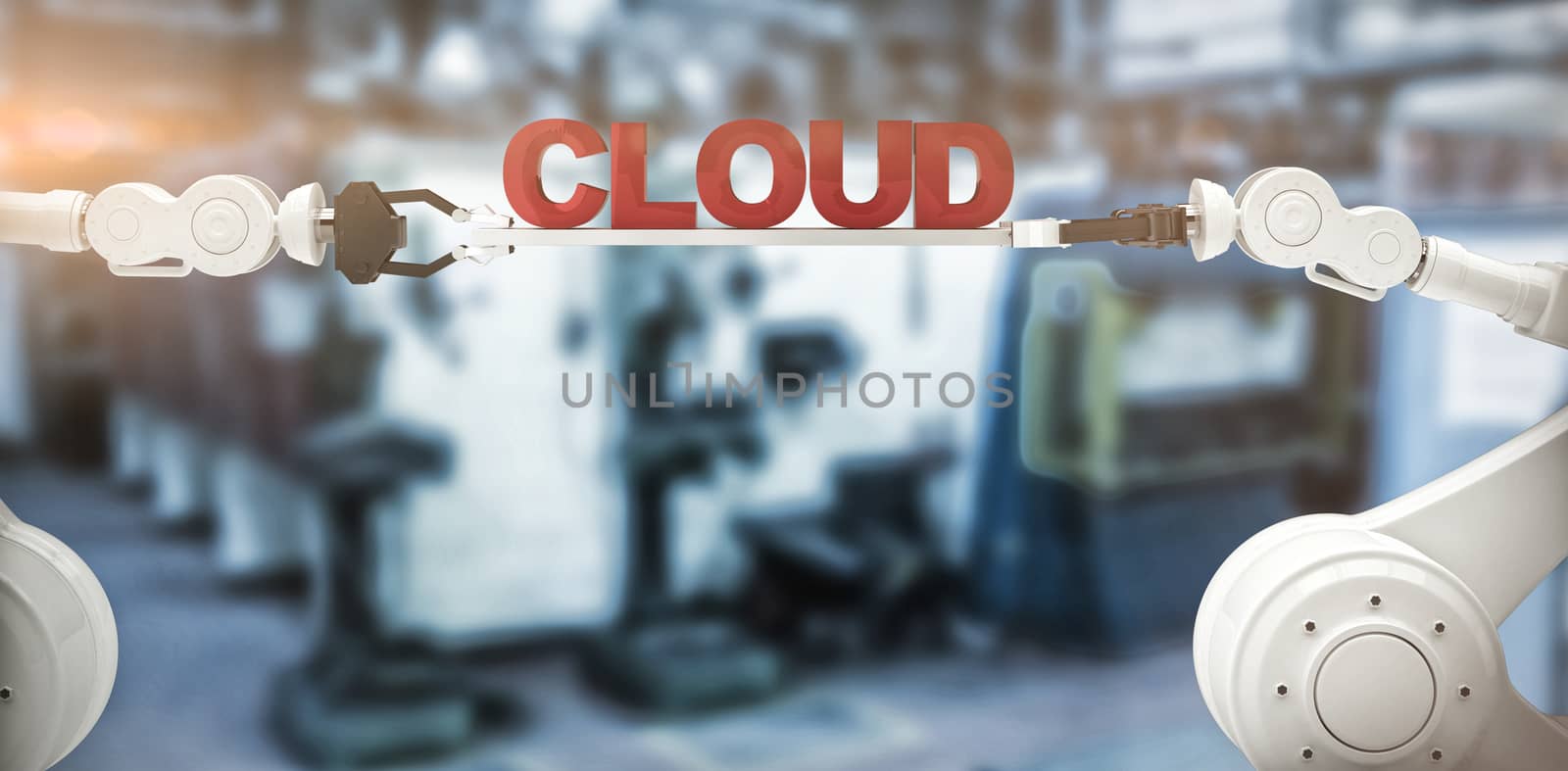 Digitally composite image of robotic hands holding cloud text against workshop