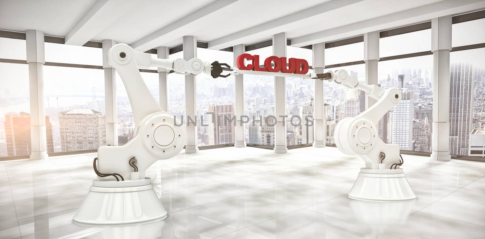 Robotic hands holding red cloud text over white background against modern room overlooking city