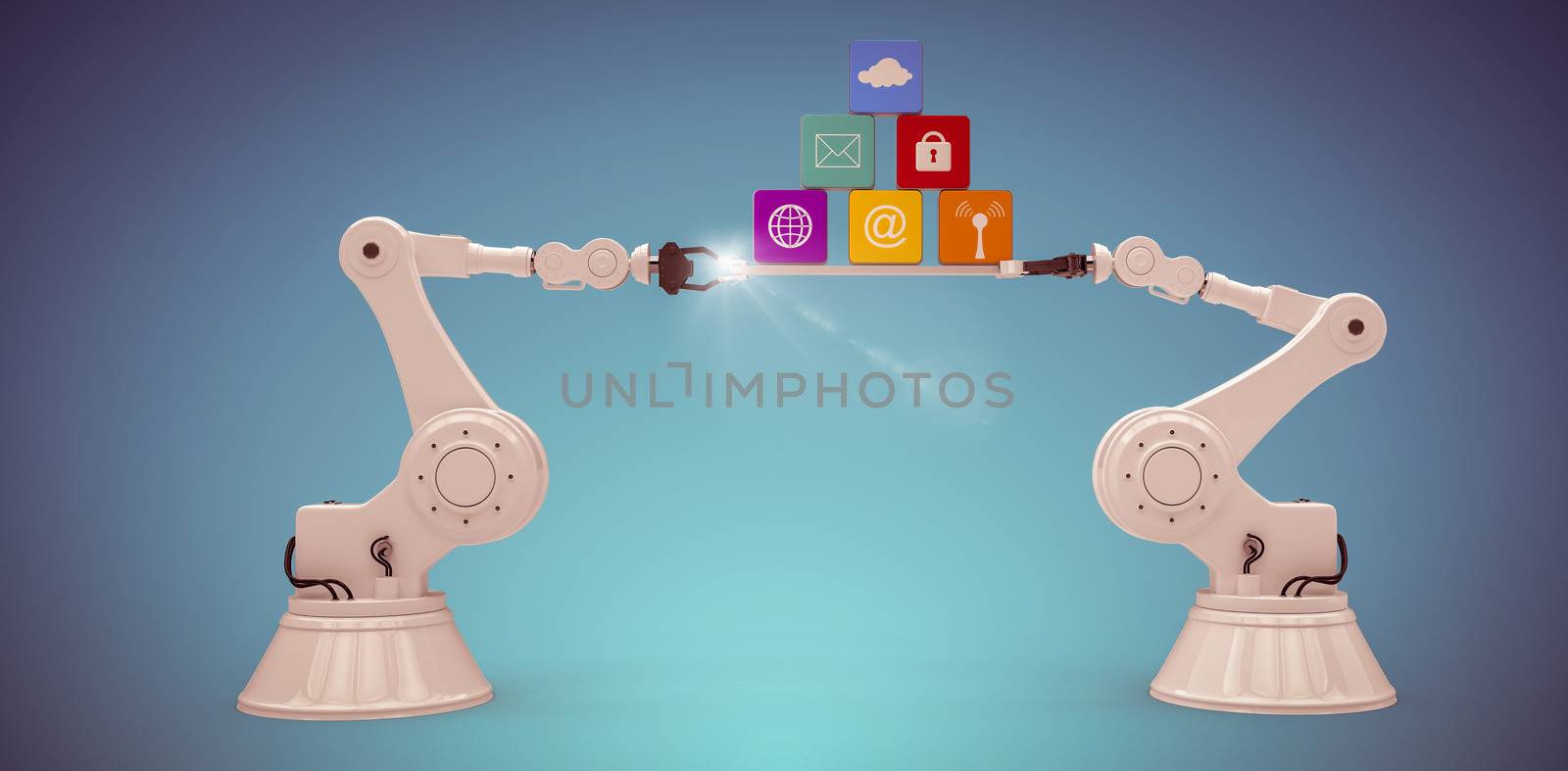 Composite image of digitally composite image of robotic hands holding computer icons by Wavebreakmedia