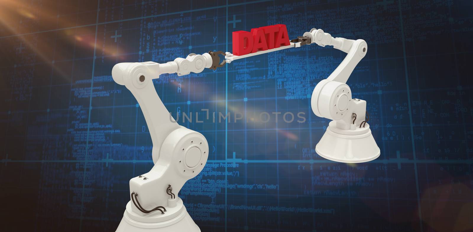 White robotic hands holding red data message against white background against blue background with vignette