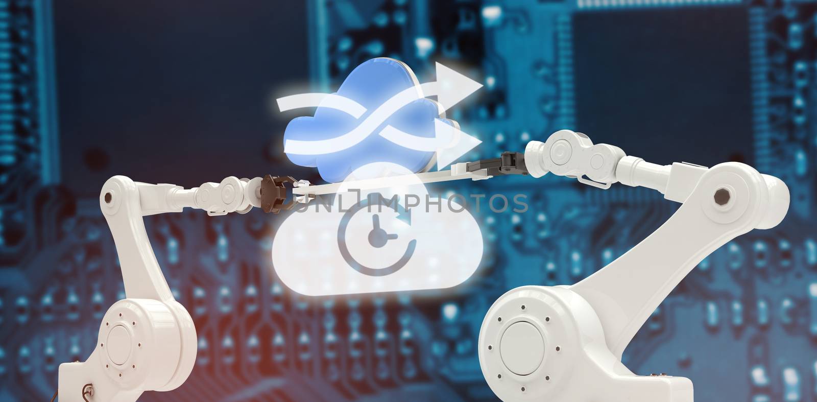 Digital image of arrow sign with cloud against blue pcb