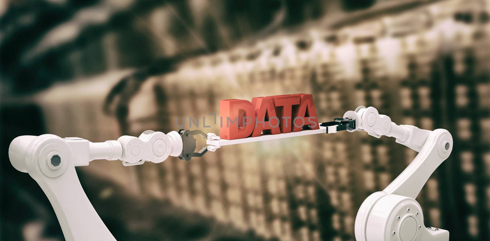 Digitally composite image of robotic hands holding red data text against view of data technology