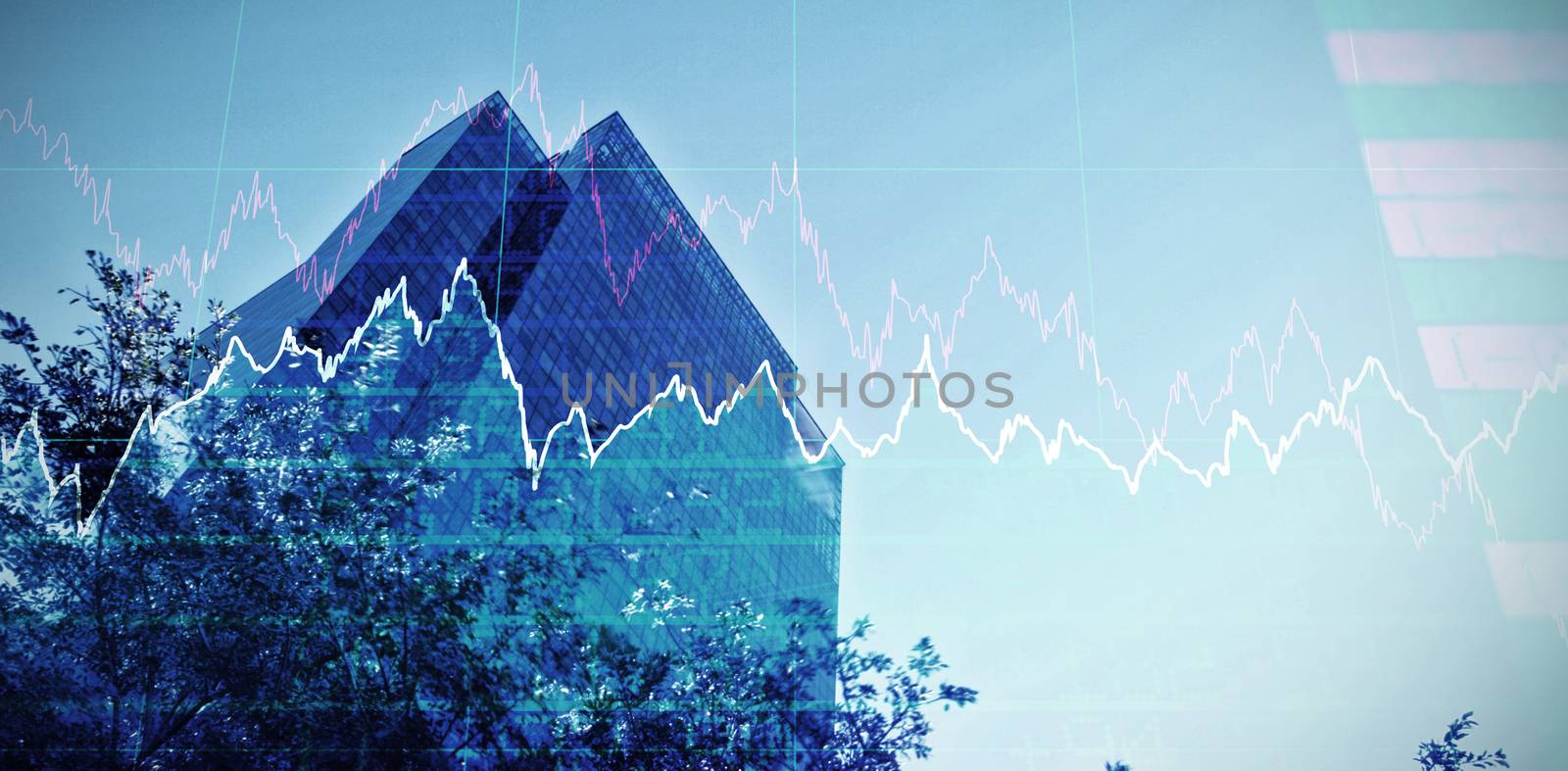 Stocks and shares against buildings against clear sky
