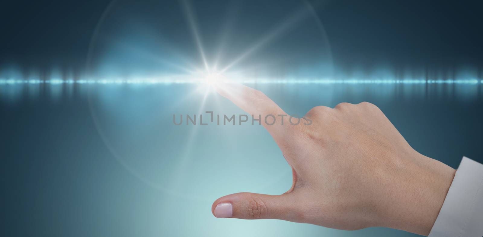 Hand of female doctor using digital screen against futuristic shiny blue and black background