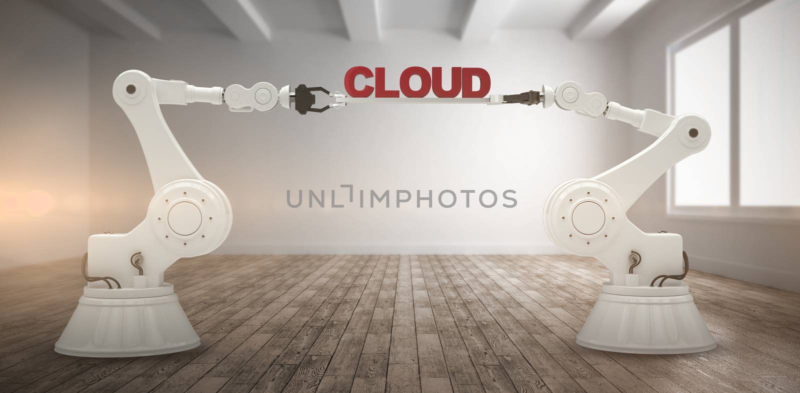Computer generated image of mechanical robotic hands holding cloud text against empty white room