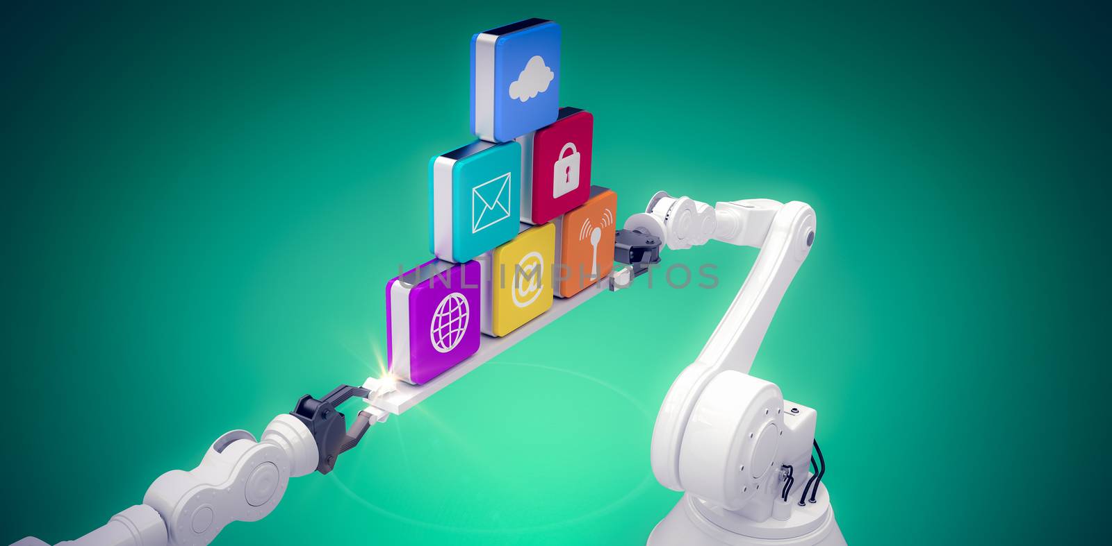 Composite image of metallic robotic hands holding computer icons over green vignette by Wavebreakmedia