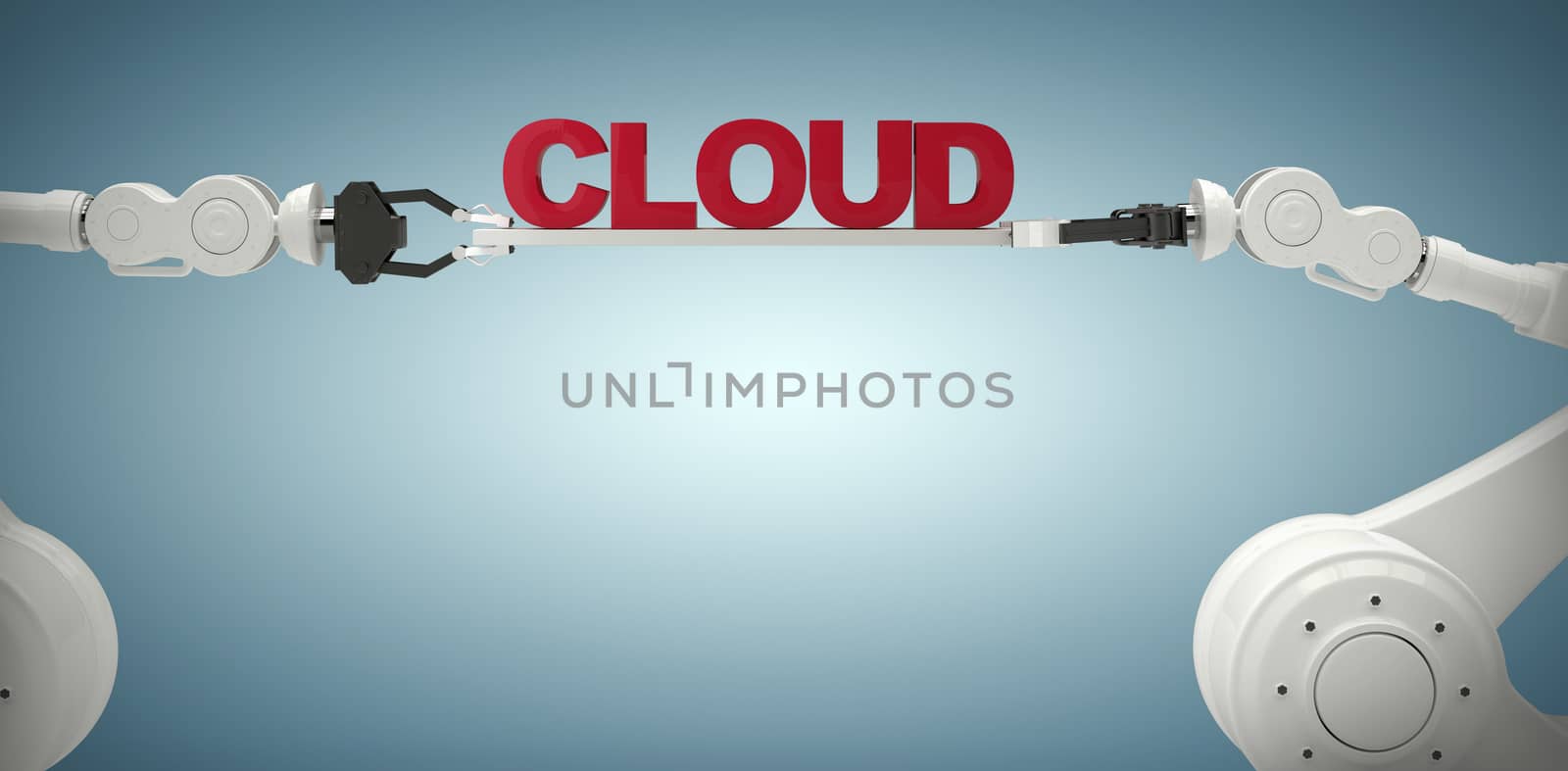 Digitally composite image of robotic hands holding cloud text against grey vignette