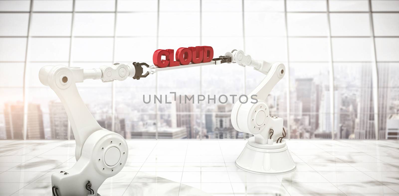 Composite image of computer generated image of robotic hands holding cloud text by Wavebreakmedia