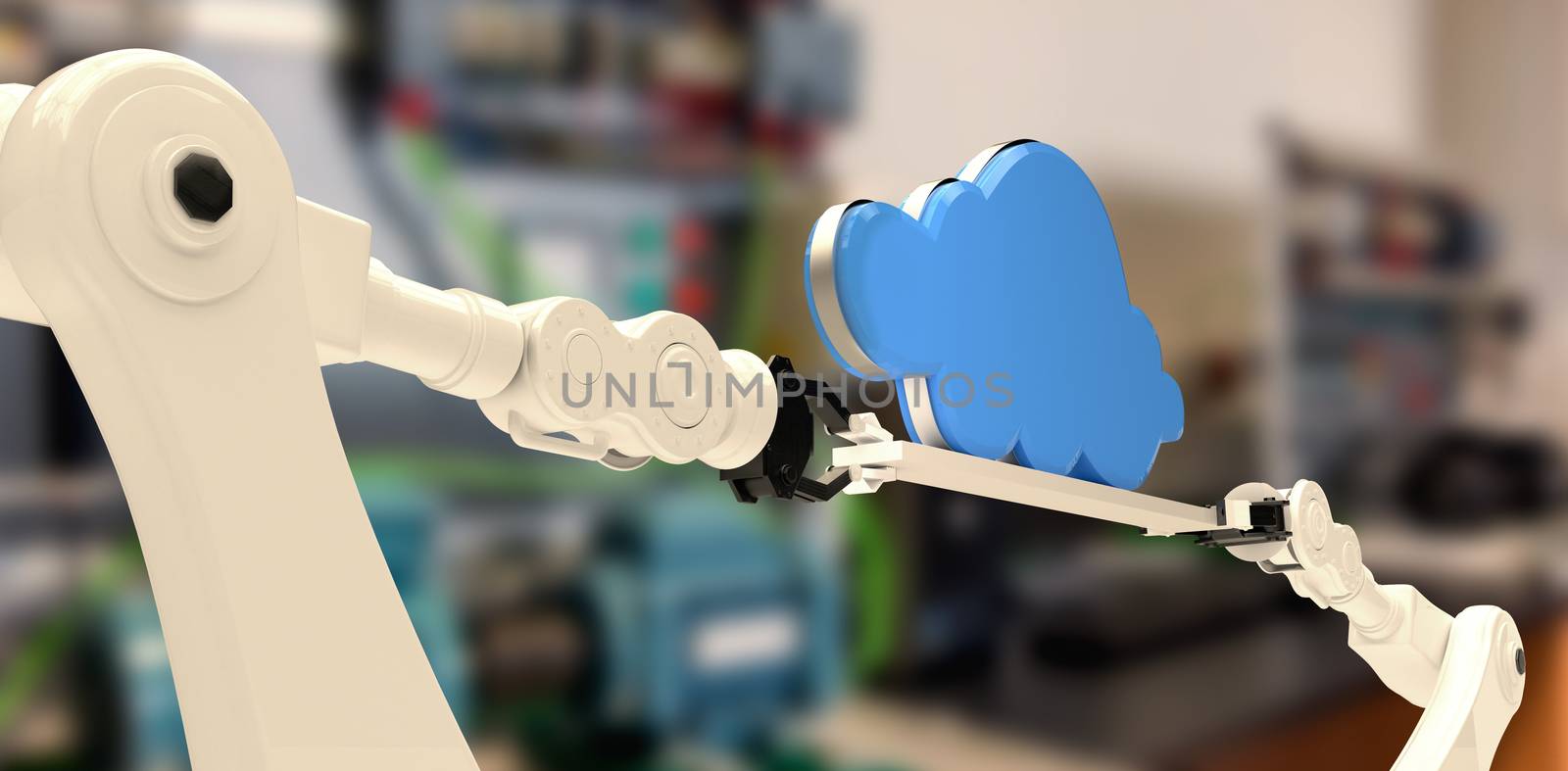 Robotic hands holding blue cloud over close-up of industrial machinery 