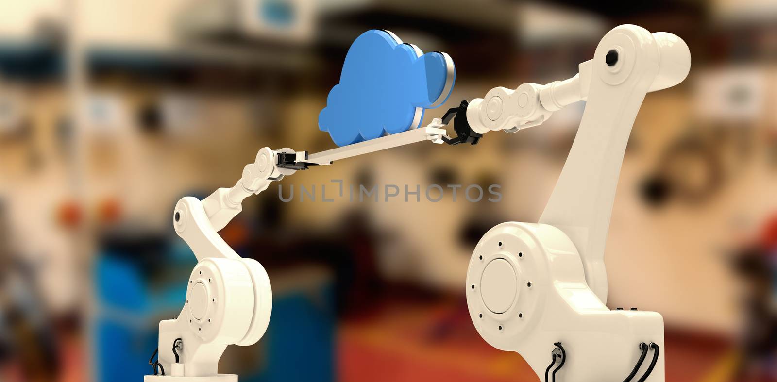 Robotic hands holding blue cloud against background against workshop