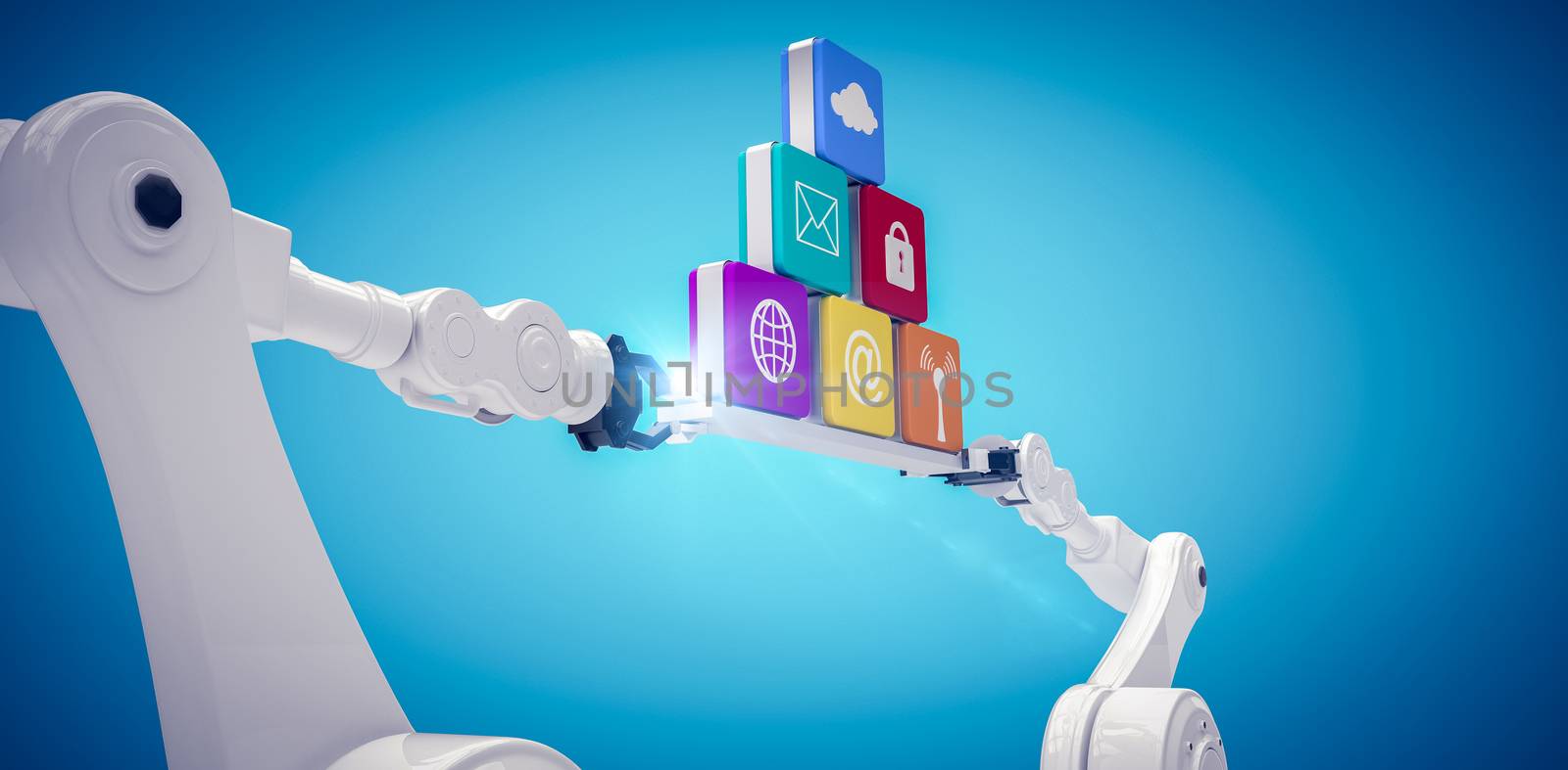 Robotic hands holding computer icons against white background against blue vignette 