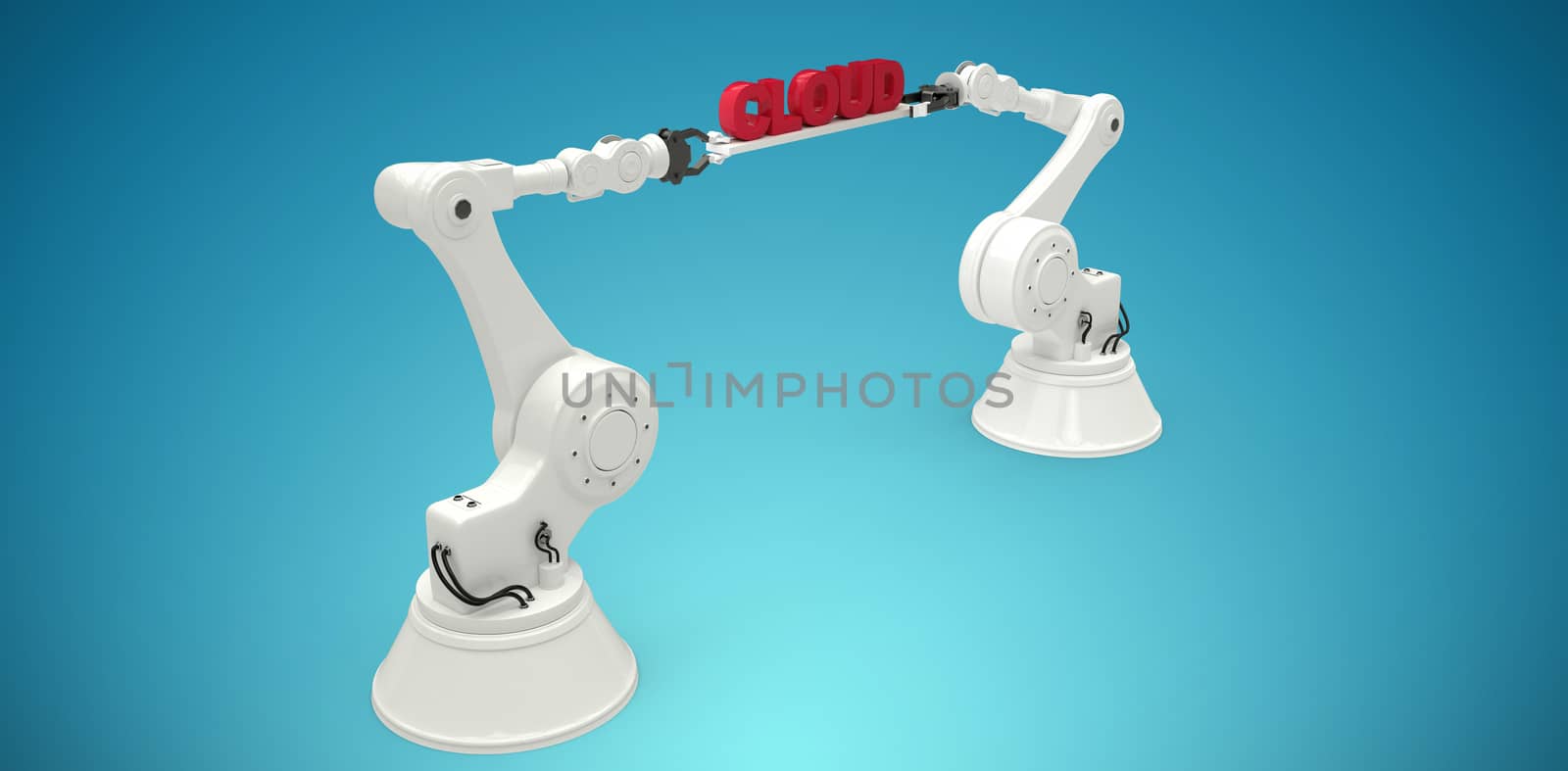 Robotic hands holding red data text against white background against blue vignette background