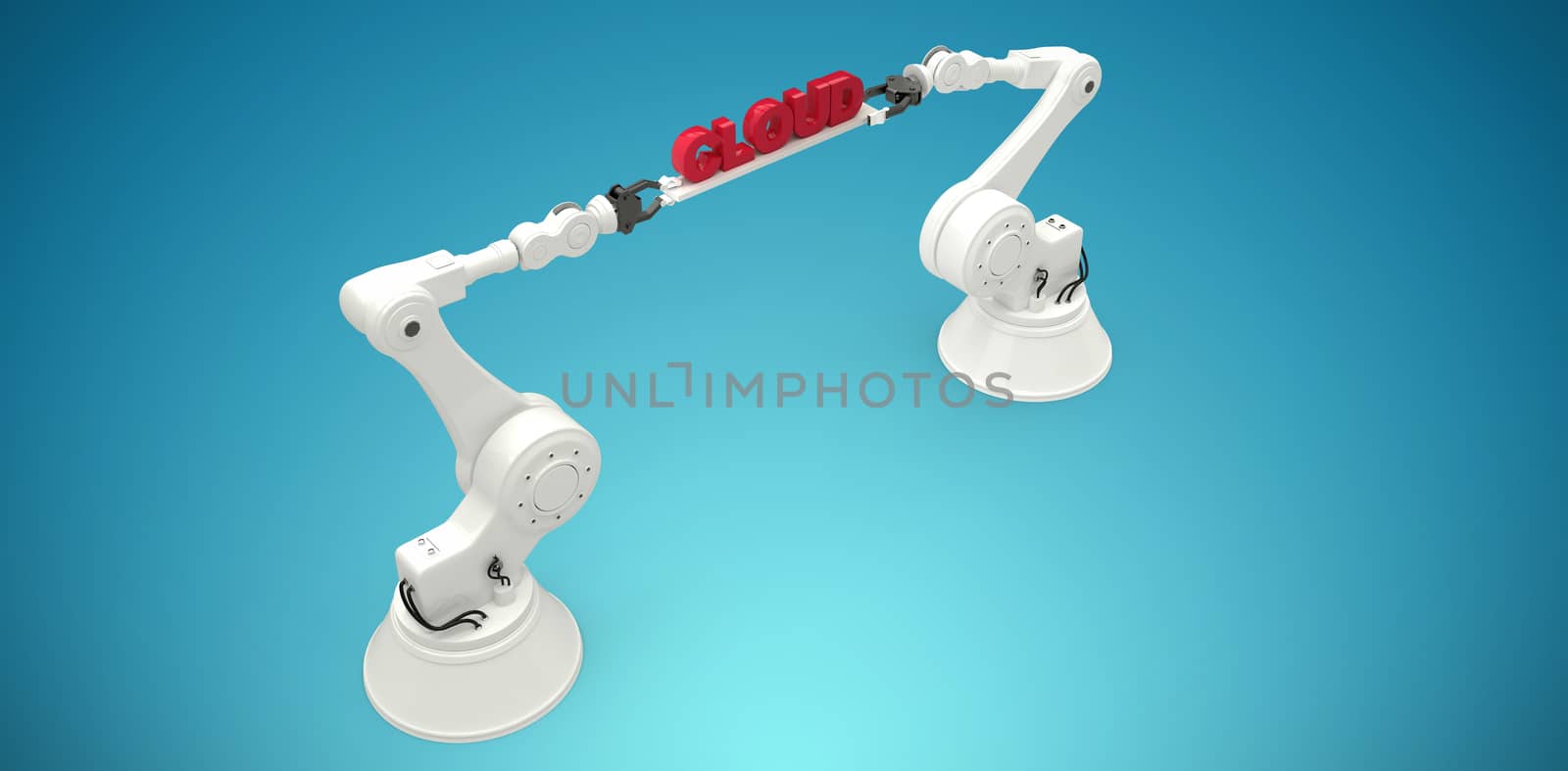 Composite image of metallic robotic hands holding red cloud text over white background by Wavebreakmedia
