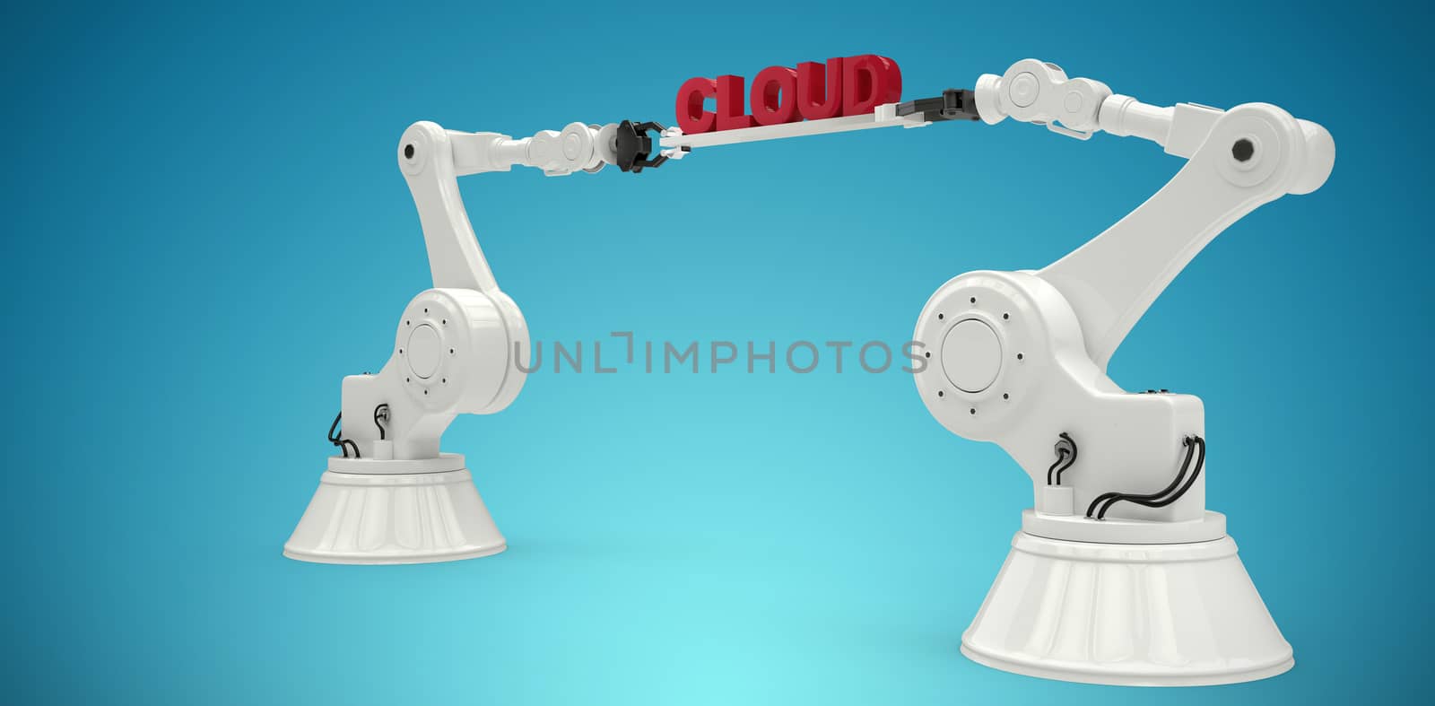 Mechanical robotic hands holding cloud text against white background against blue vignette background