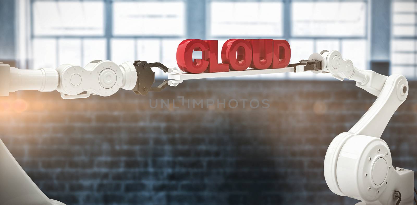 Metallic robotic hands holding cloud text on white background against digitally generated image of windows on brick wall