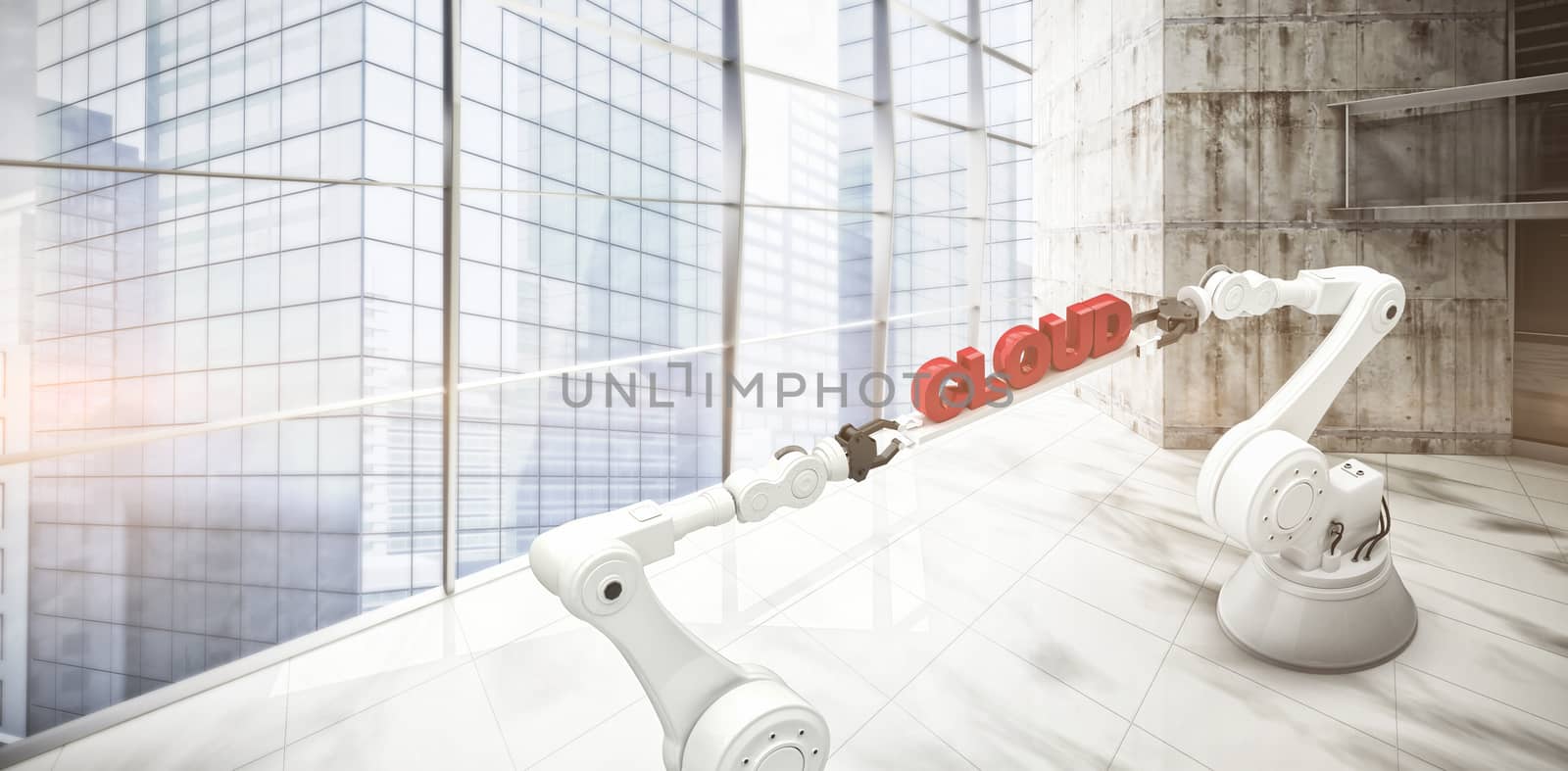 Metallic robotic hands holding red cloud text over white background against modern room overlooking city