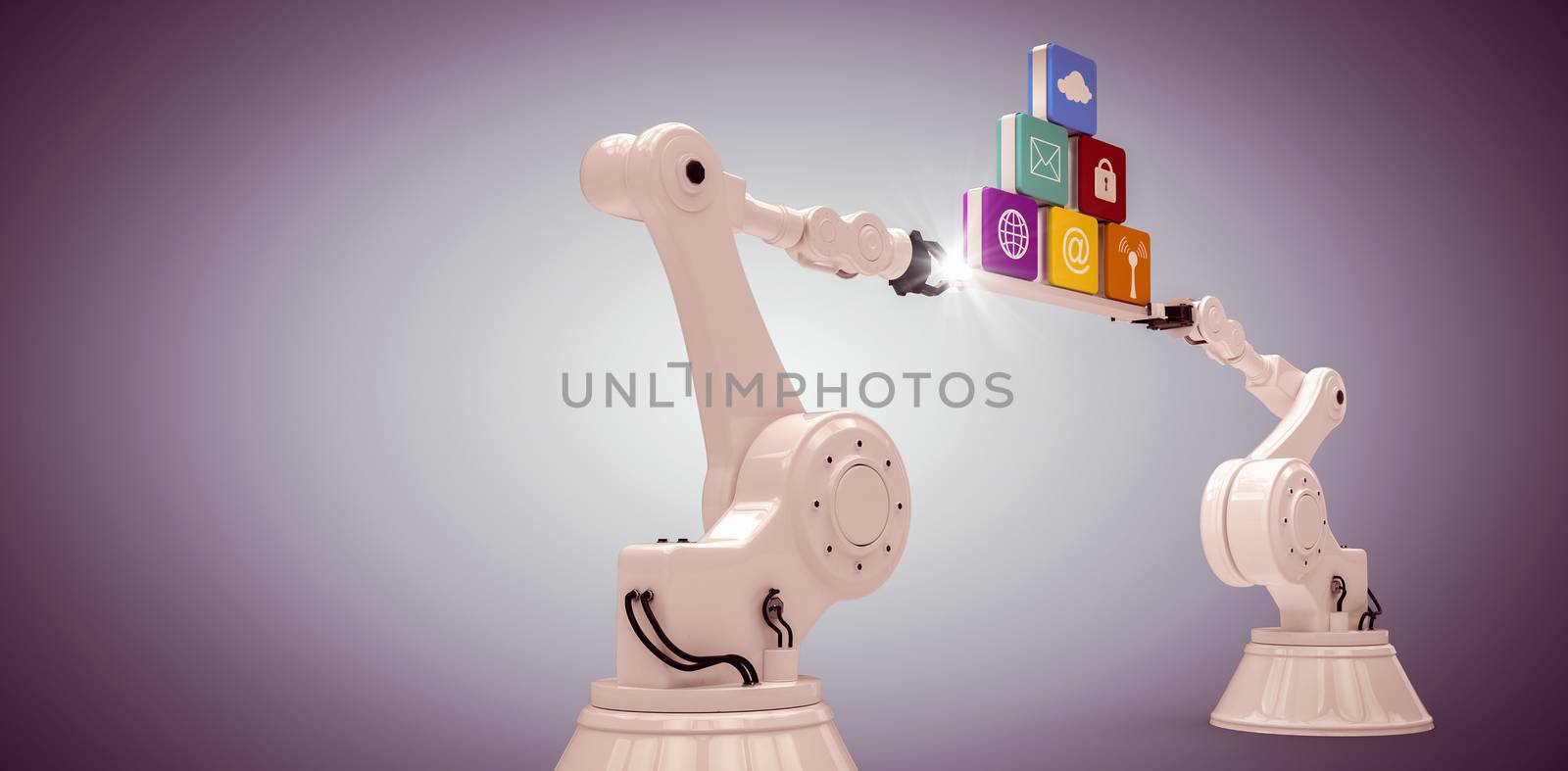Composite image of robotic hands holding computer icons over purple vignette by Wavebreakmedia