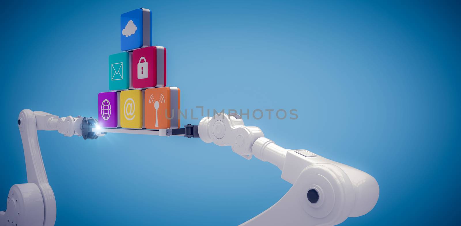 Composite image of white robotic hands holding computer icons on blue vignette by Wavebreakmedia