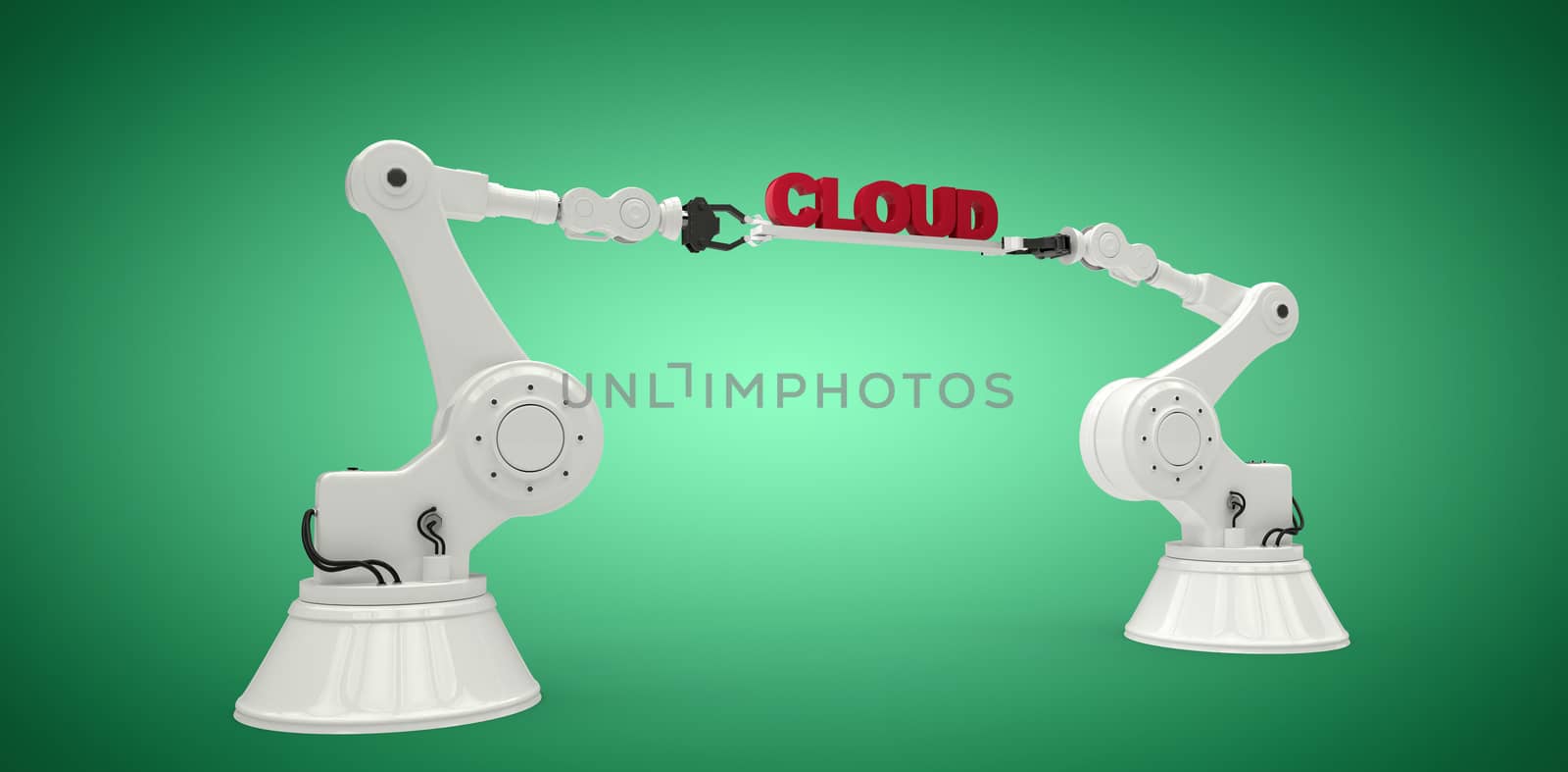 Robotic hands holding red cloud text over green vignette