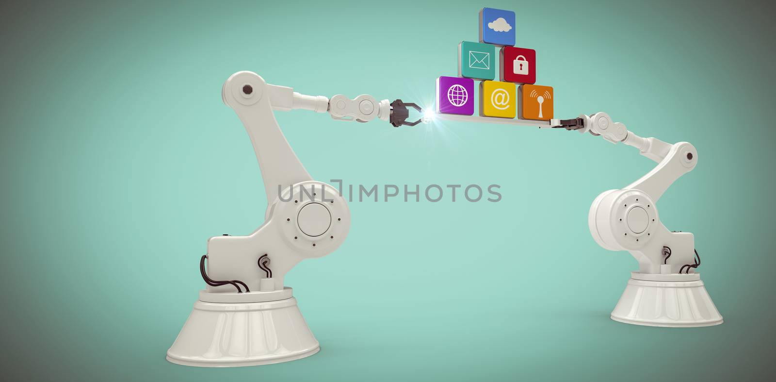 Composite image of digitally generated image of metallic robotic hands holding computer icons by Wavebreakmedia
