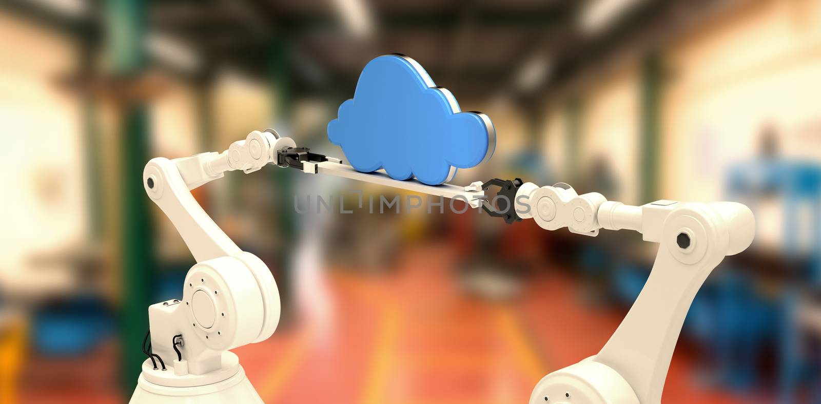 Digitally composite image of robotic hands holding blue cloud against workshop