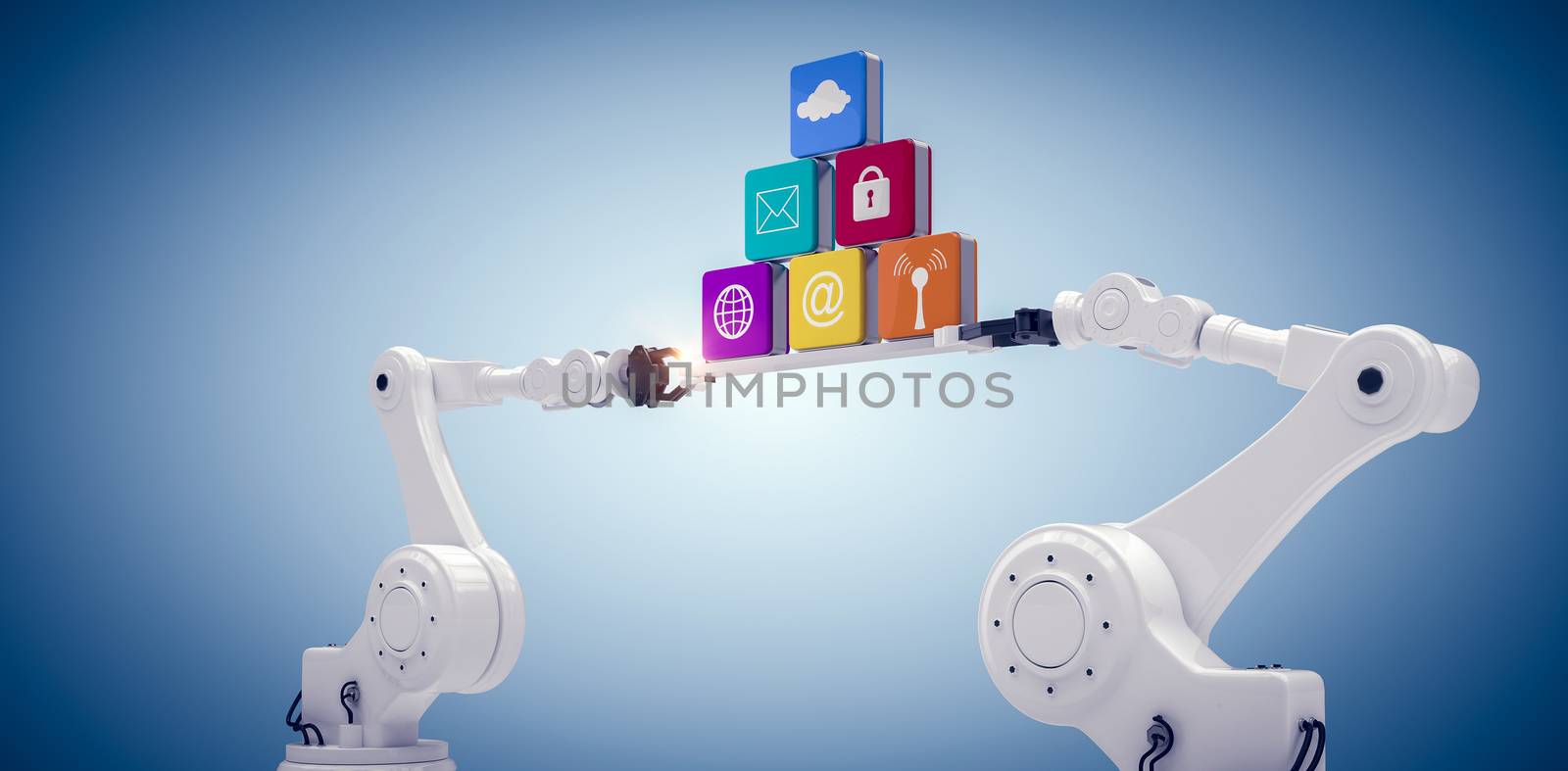 obotic hands holding computer icons on white background against blue vignette