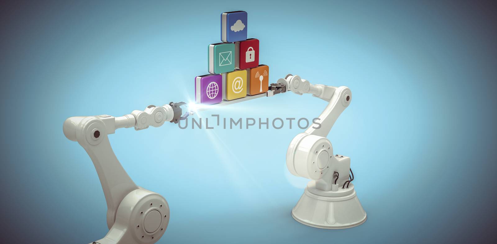 White robotic hands holding computer icons against white background against blue background