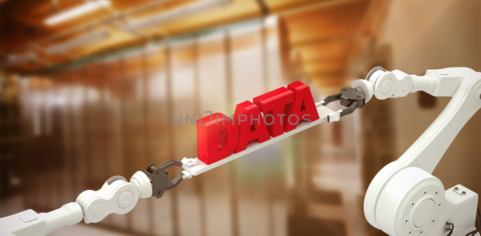 Robotic hands holding red data message over white background against image of data storage
