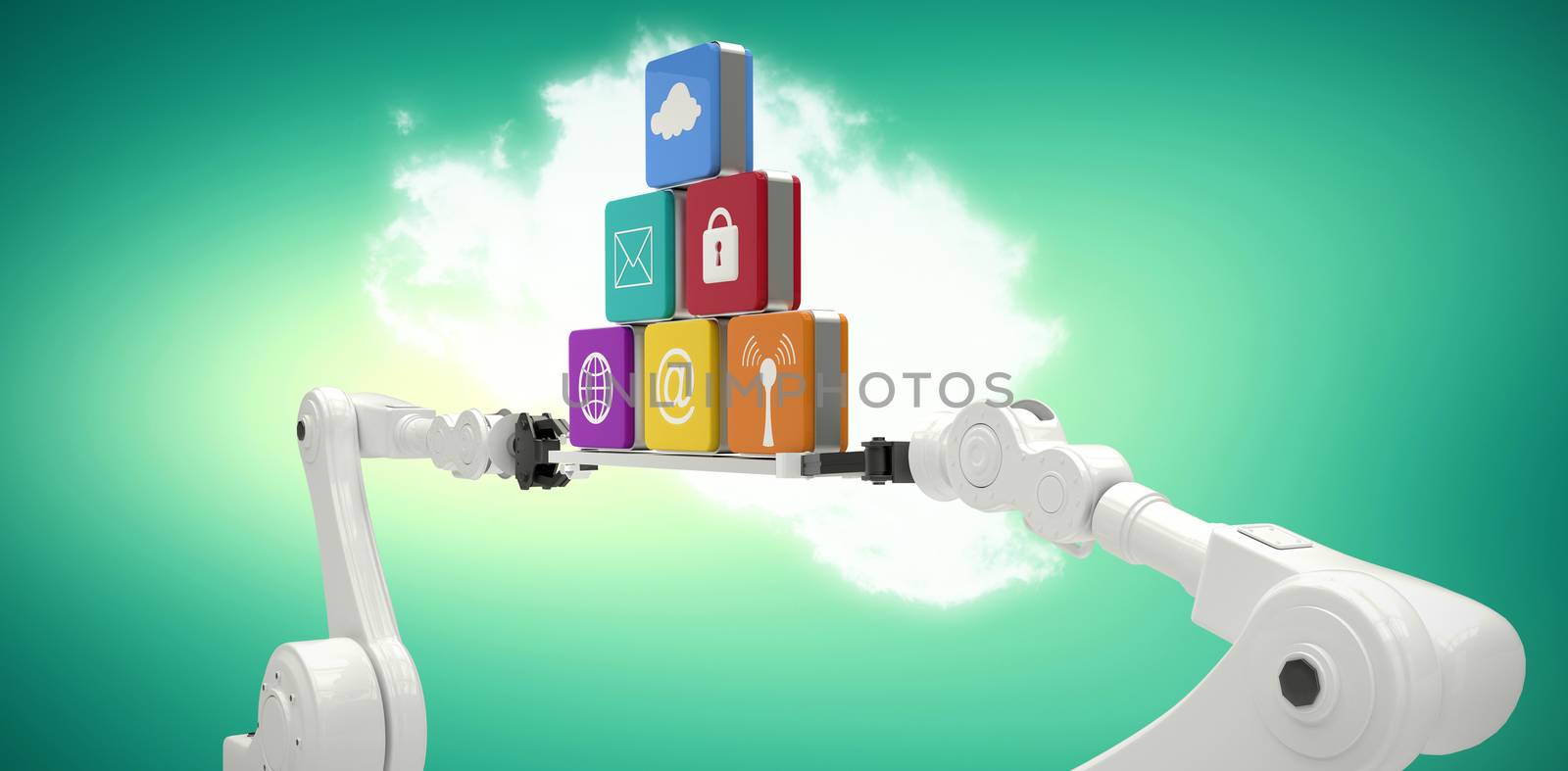 White robotic hands holding computer icons on white background against green vignette background
