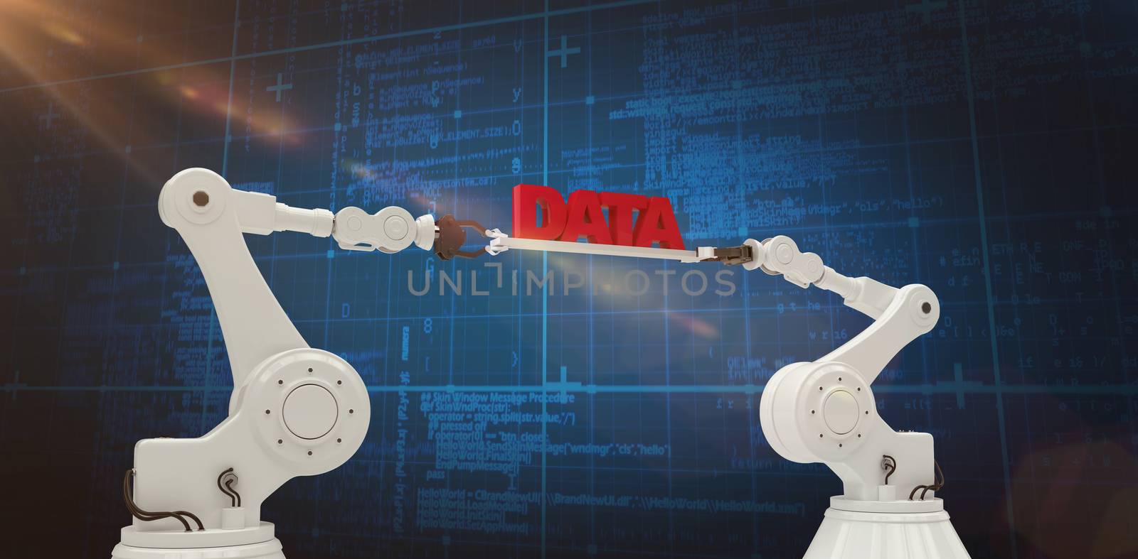 Composite image of robotic hands holding red data text  by Wavebreakmedia