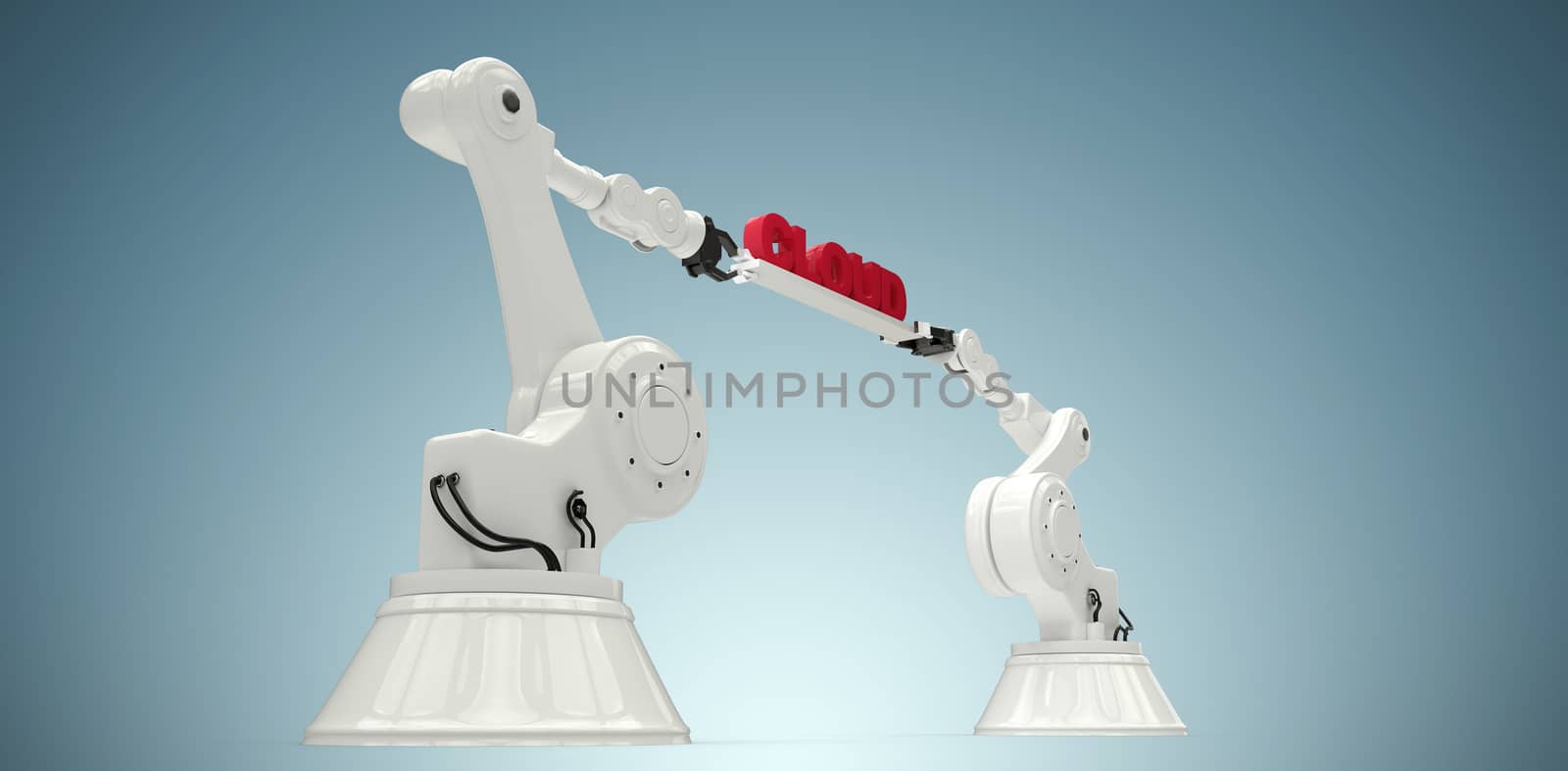 Robotic hands holding red cloud text against grey vignette