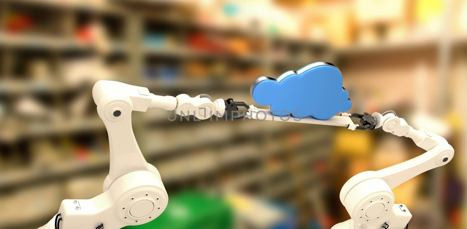 Robotic hands holding blue cloud against workshop