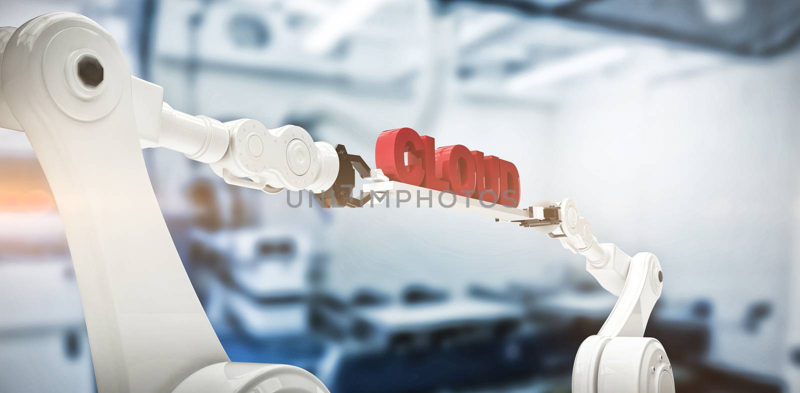 Composite image of mechanical robotic hands holding cloud text by Wavebreakmedia