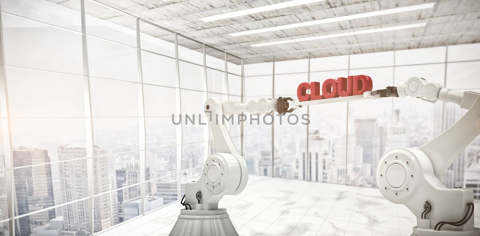 Mechanical robotic hands holding cloud text against white background against modern room overlooking city