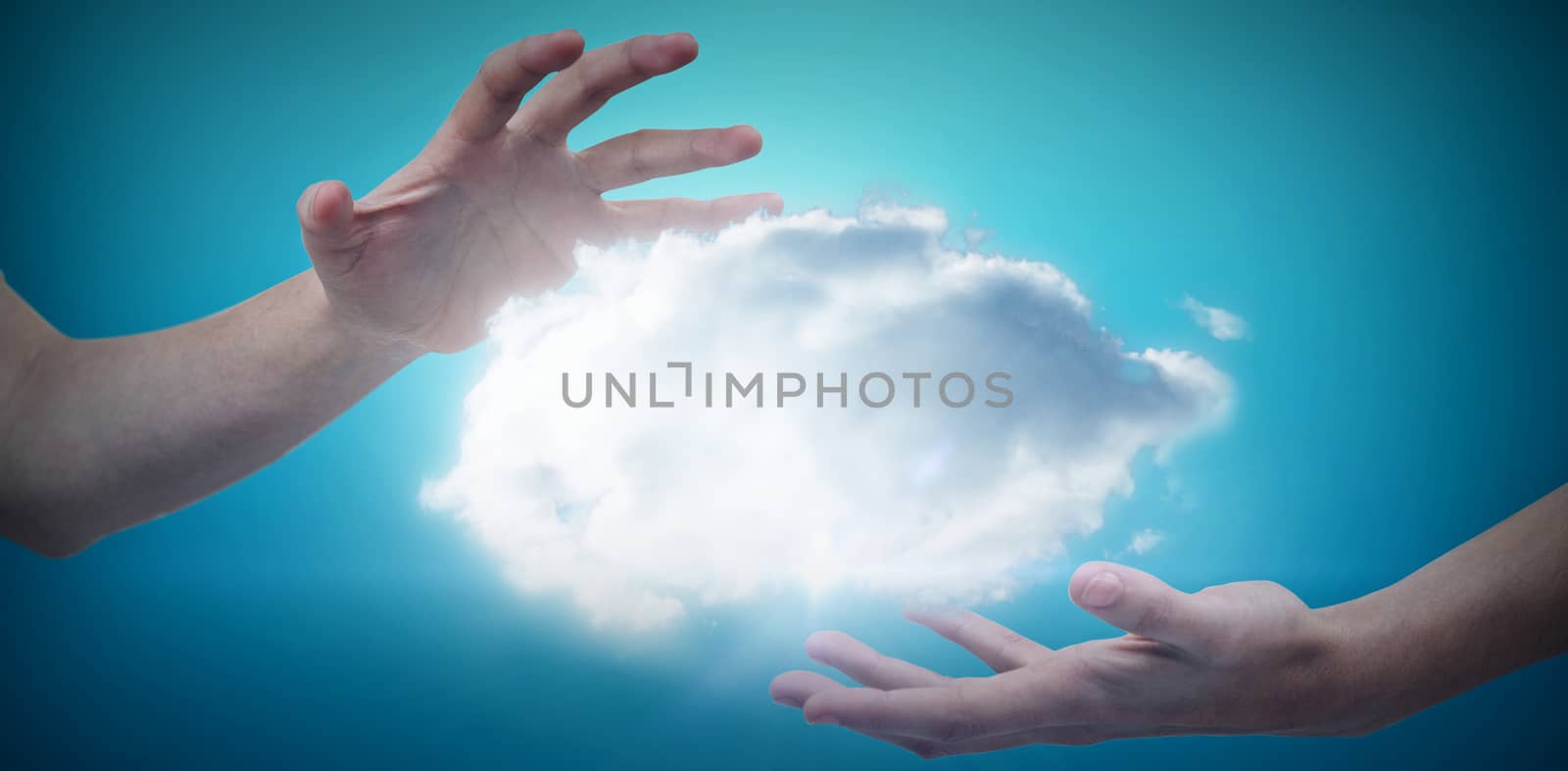 Hands gesturing against white background against blue vignette background