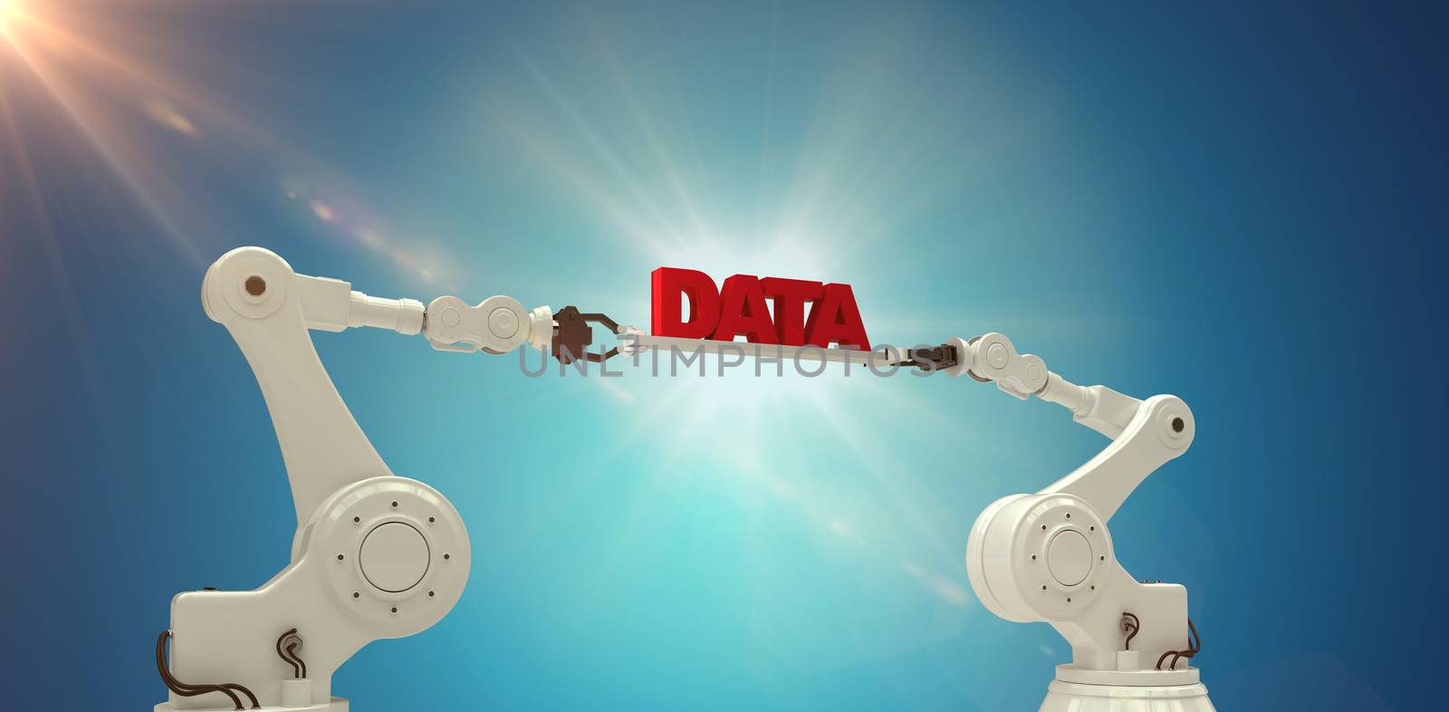 Composite image of robotic hands holding red data text over blue background by Wavebreakmedia