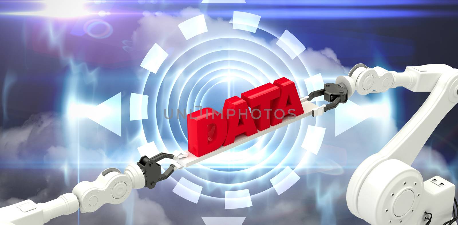 Robotic hands holding red data message over white background against blue technology design with circle