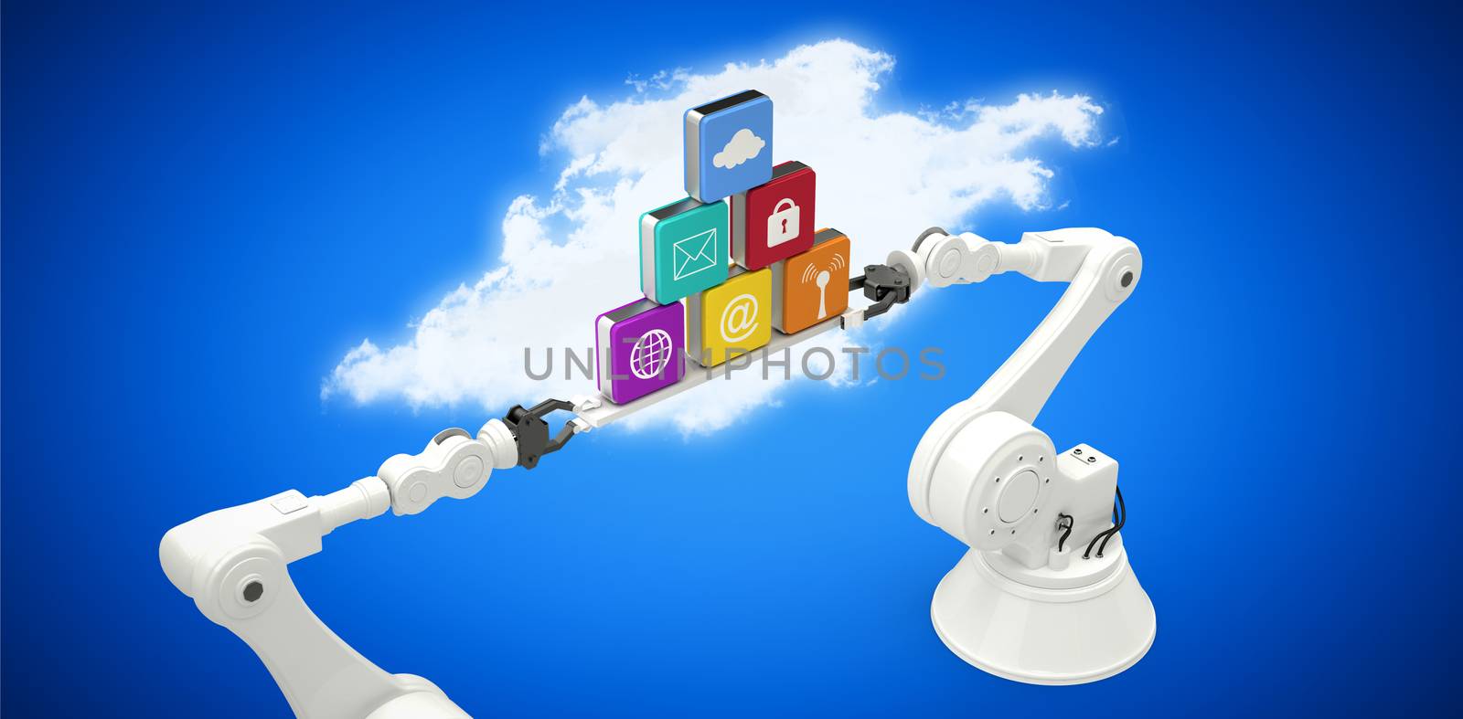 Composite image of robotic hands holding multi colored computer icons over blue vignette by Wavebreakmedia