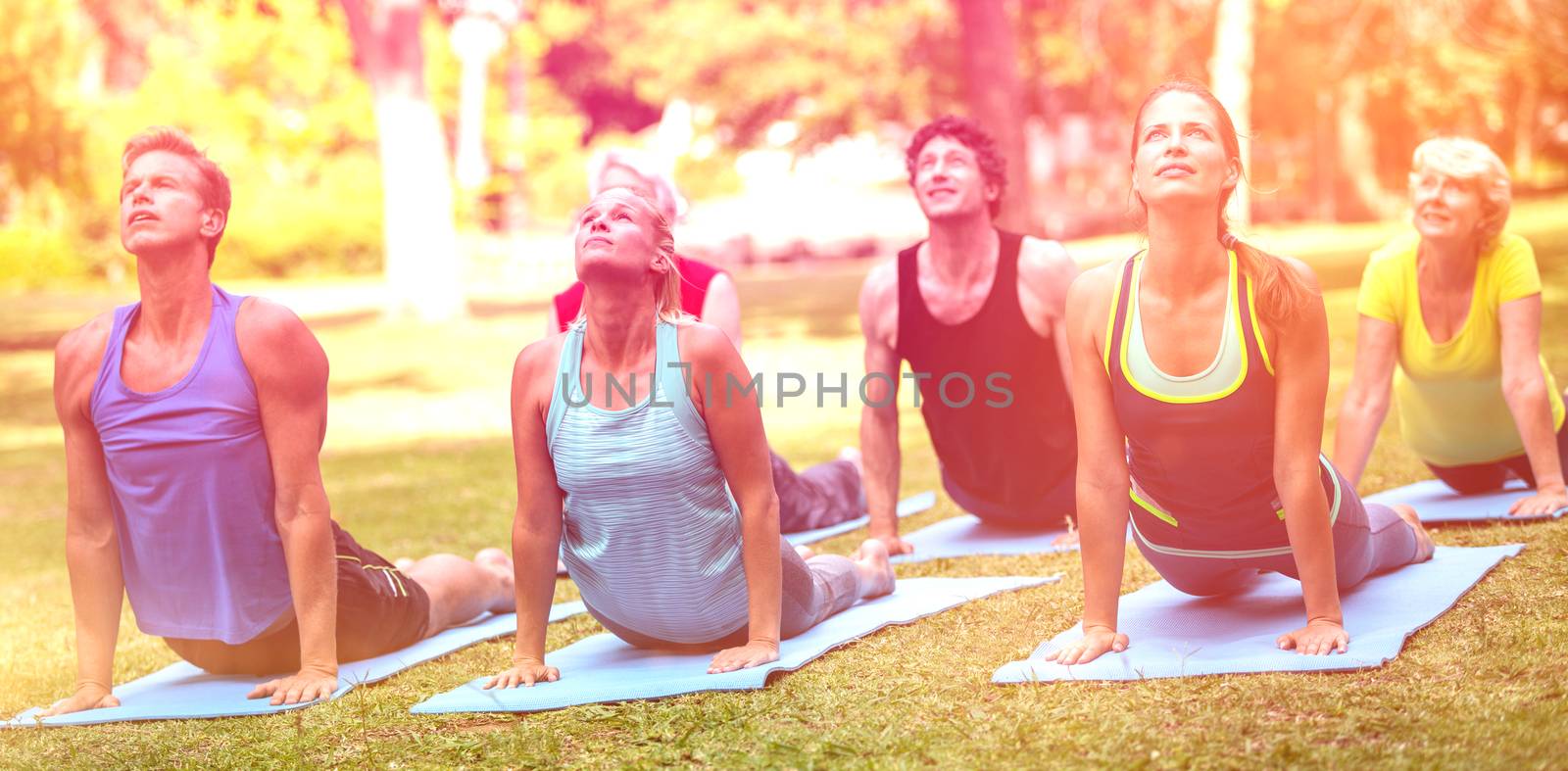Fitness class practicing yoga in park