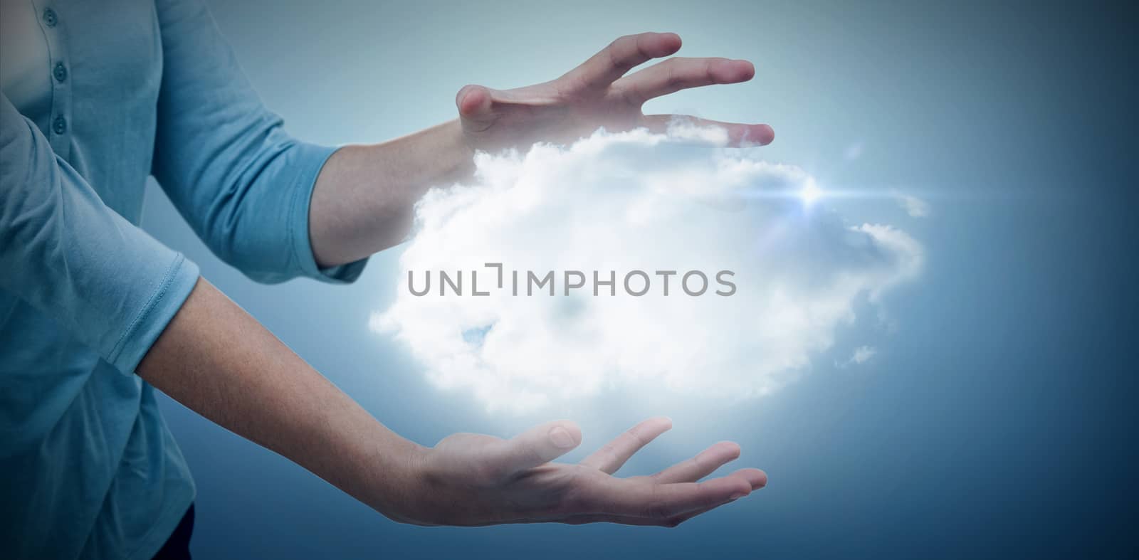 Woman gesturing against white background against blue vignette