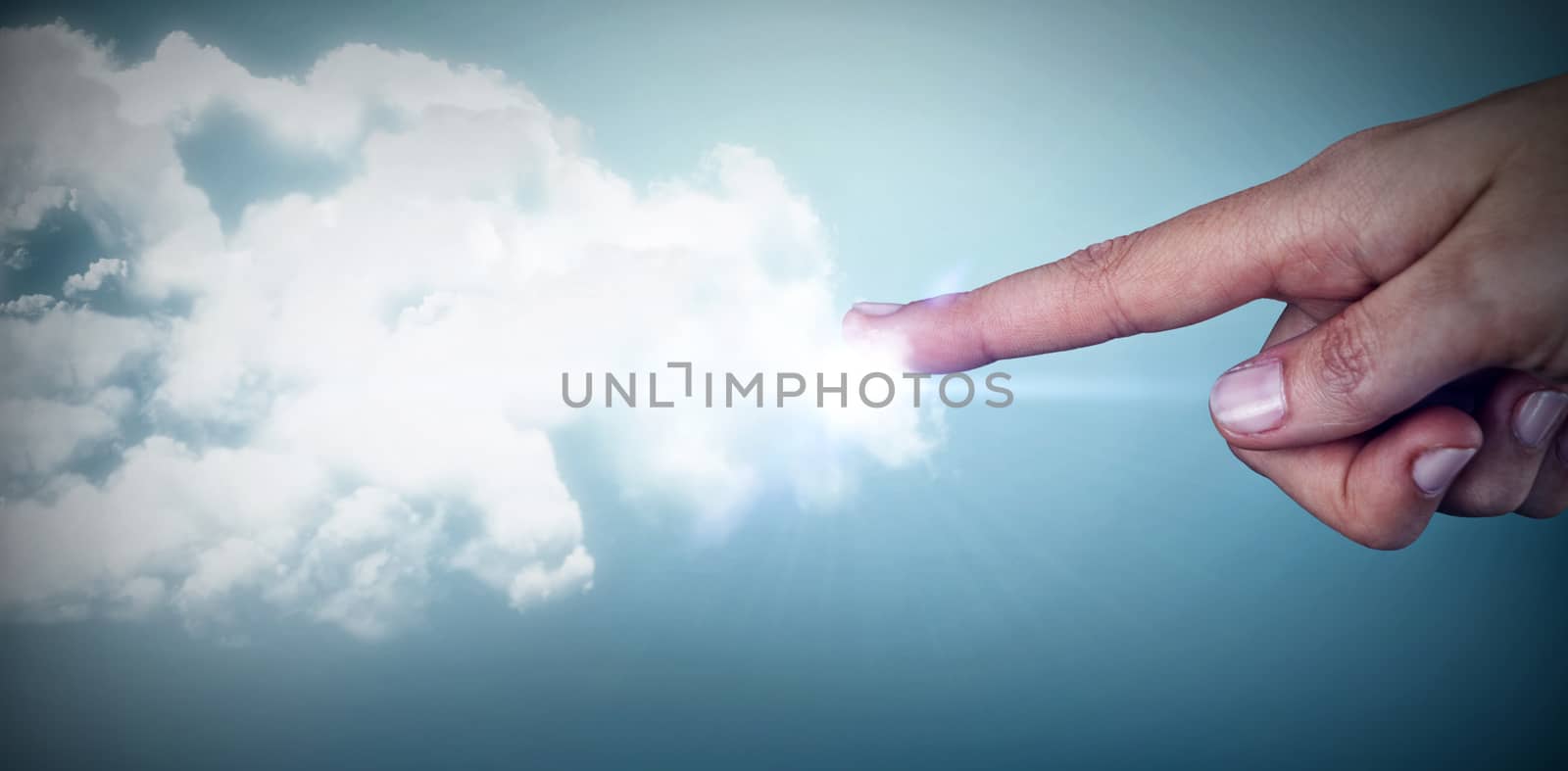 Human hand pointing on white background against grey vignette