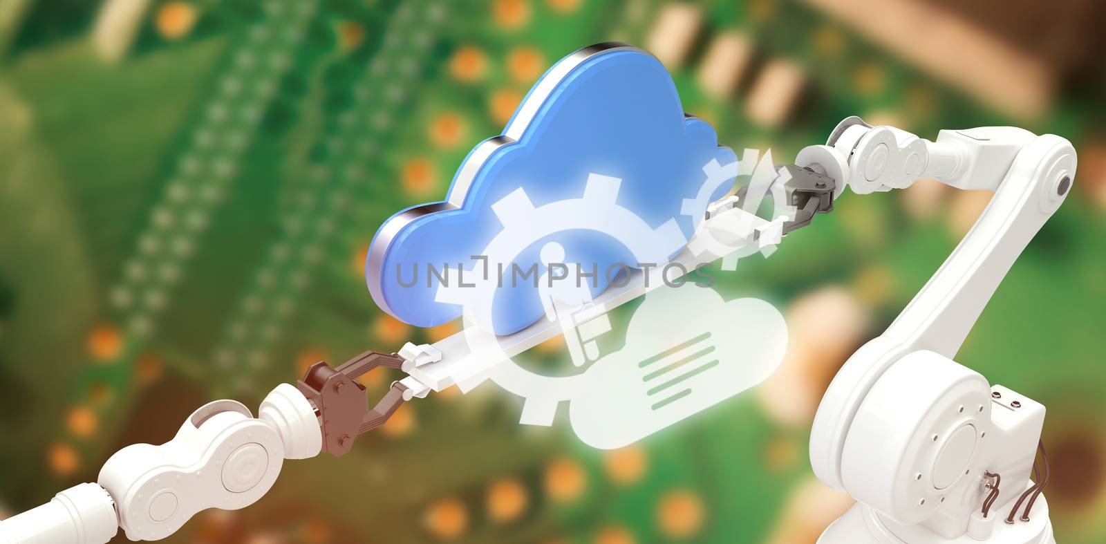 Digital image of cloud with gears against green printed circuit board