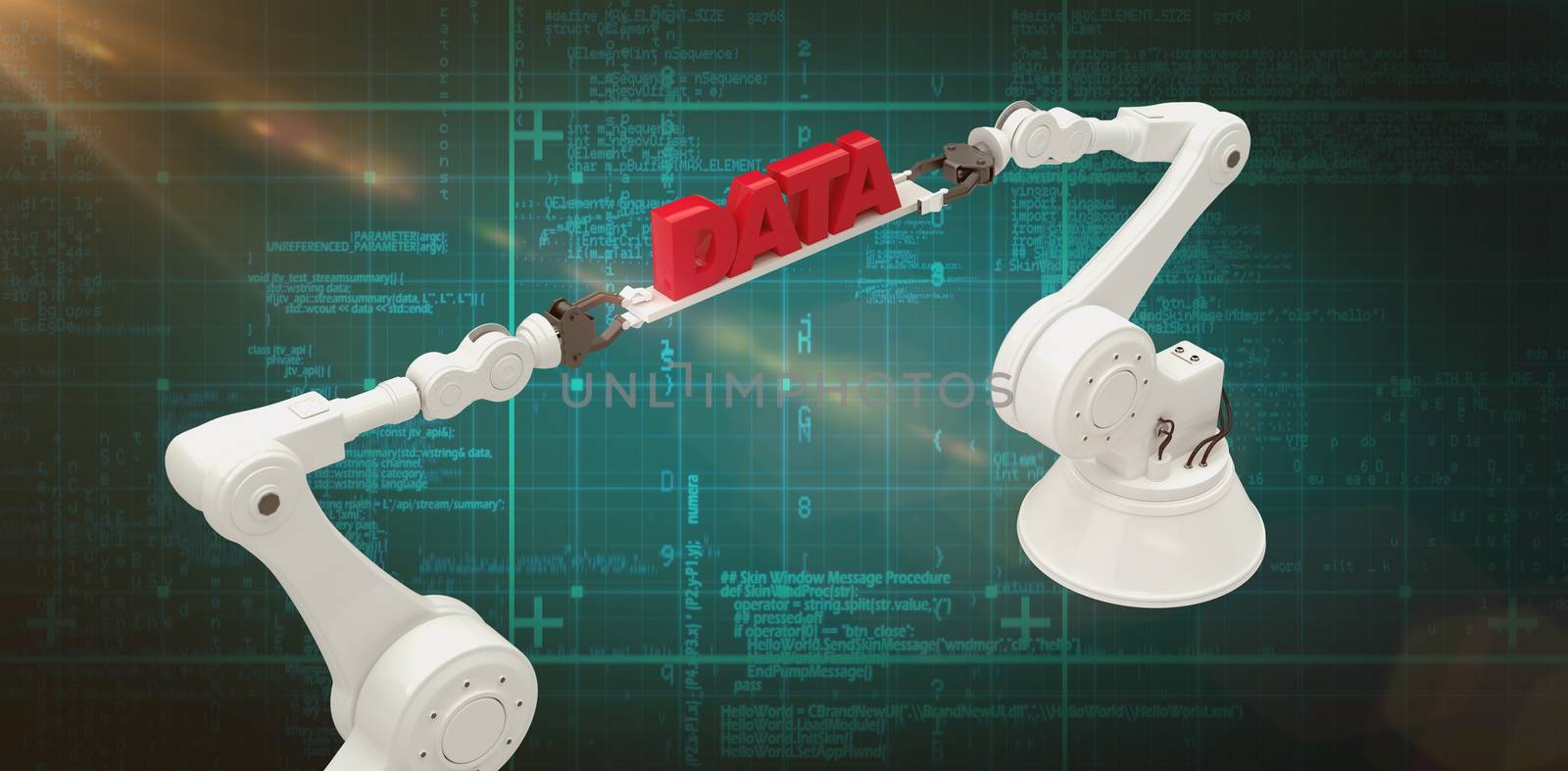 Composite image of robotic hands holding red data message over green background by Wavebreakmedia