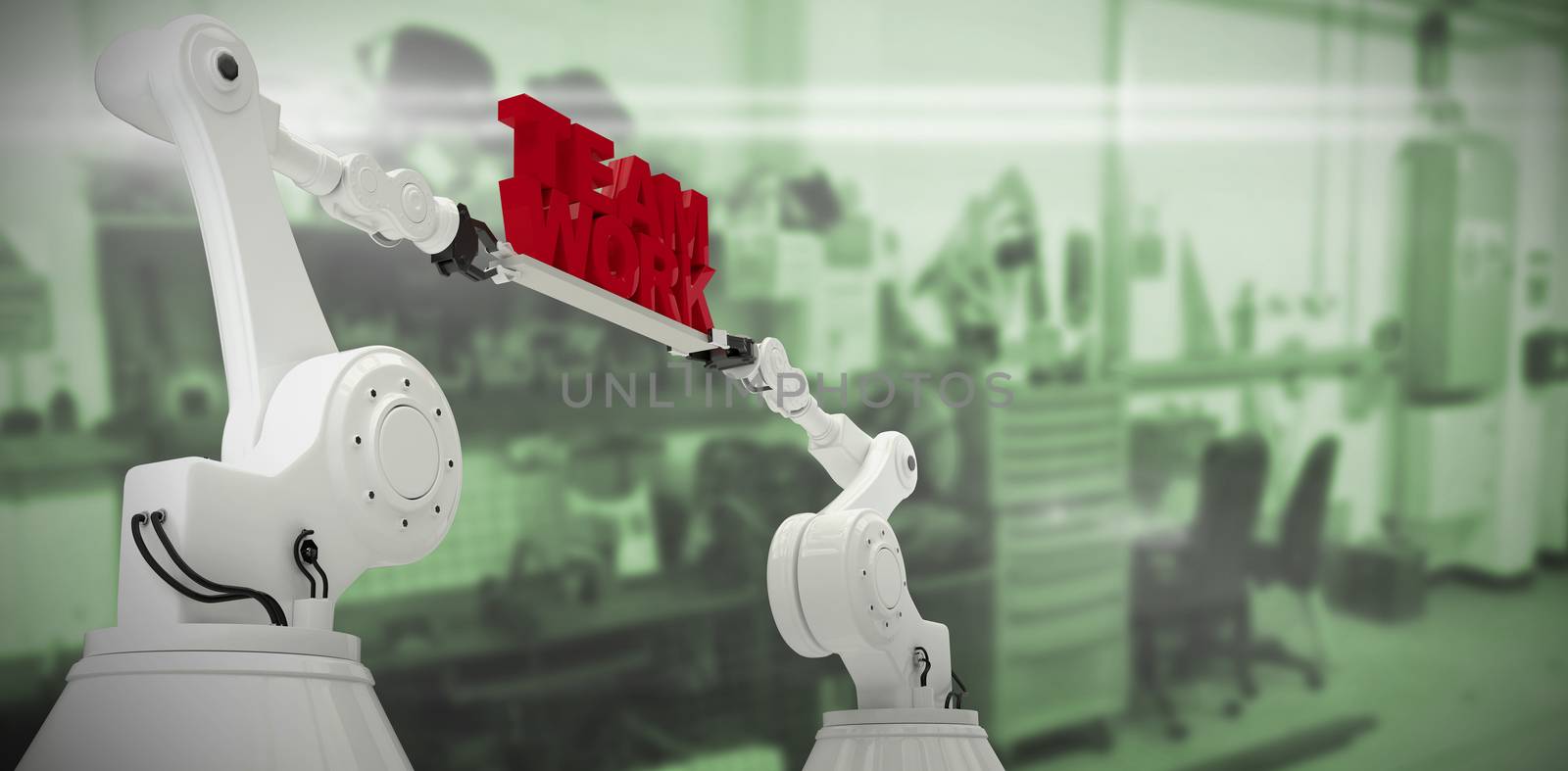 Composite image of low angle view of white robotic hand holding team work text by Wavebreakmedia