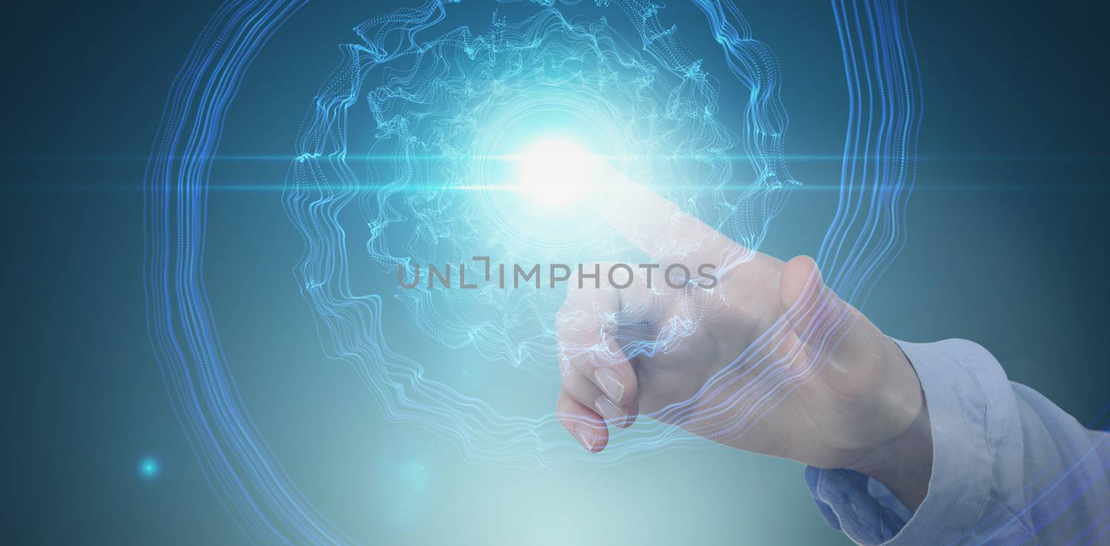 Businesswoman hand using digital screen against futuristic shiny blue spiral on black background