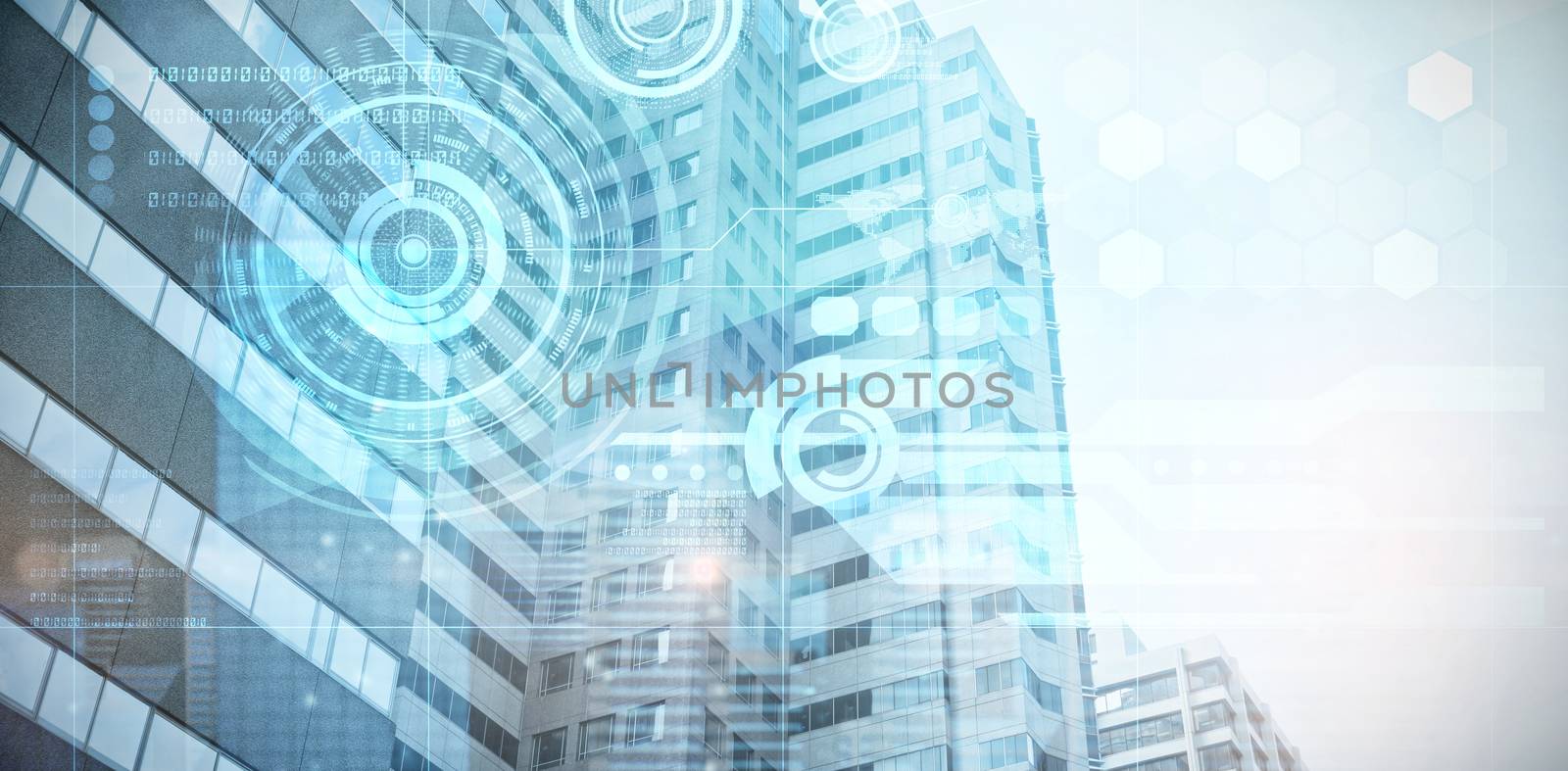 View of modern office building against futuristic technology interface