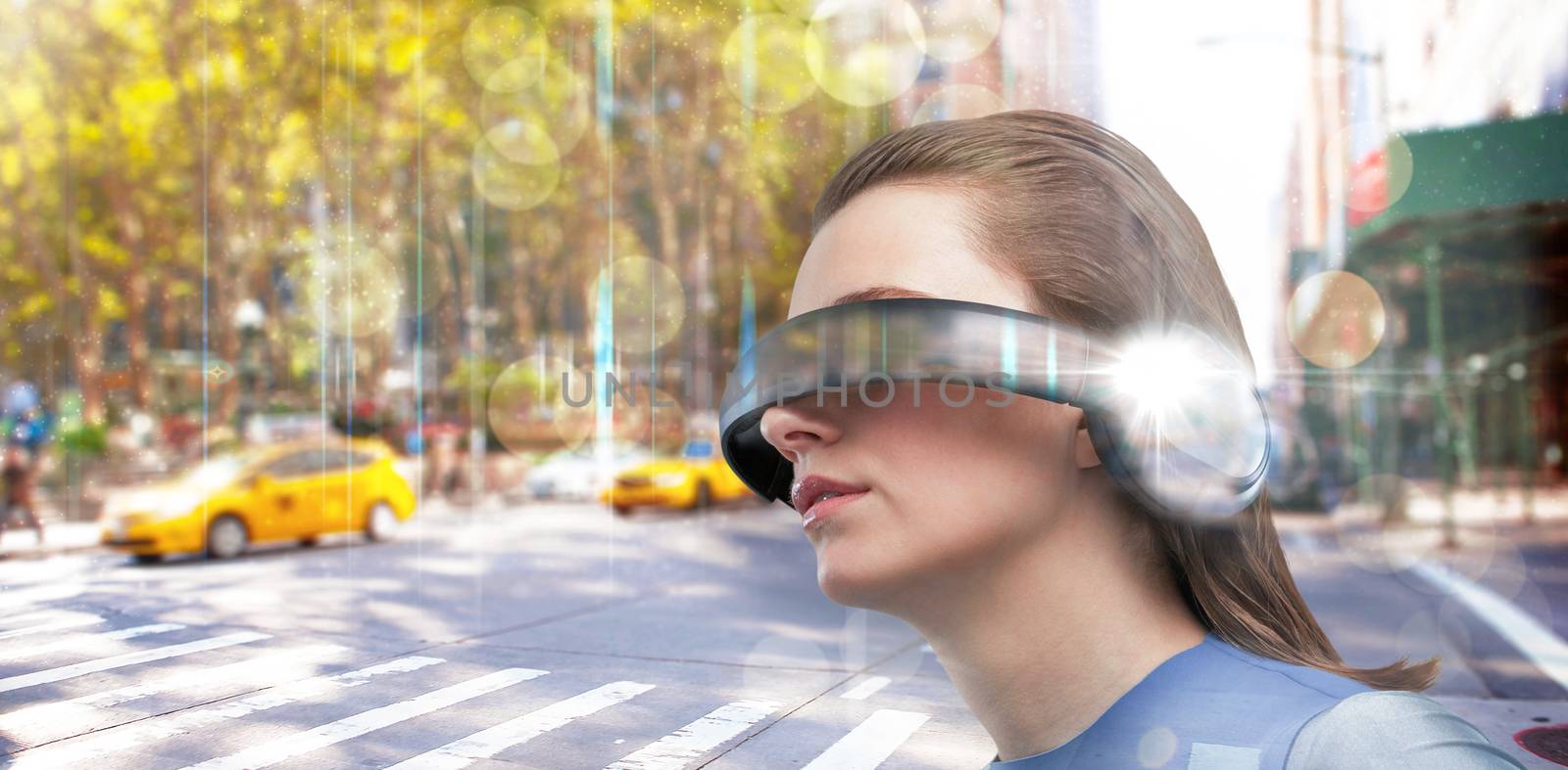 Composite image of low angle view of woman trying virtual reality by Wavebreakmedia