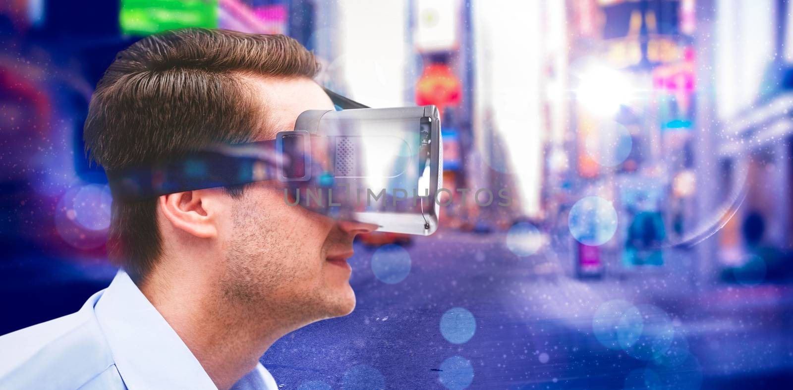 Composite image of profile view of businessman holding virtual glasses by Wavebreakmedia