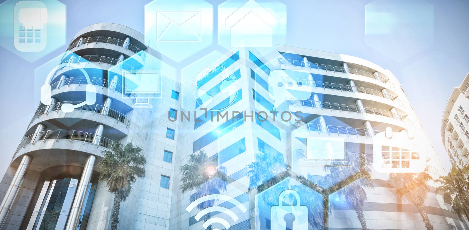 Building by tree against clear sky against futuristic technology interface