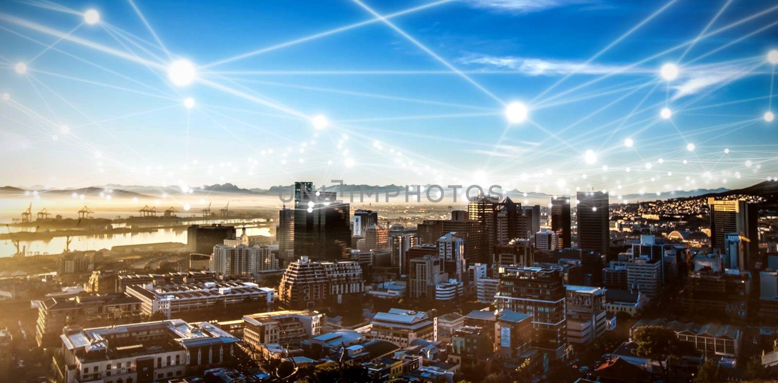 Digitally composite image of molecule structure against city